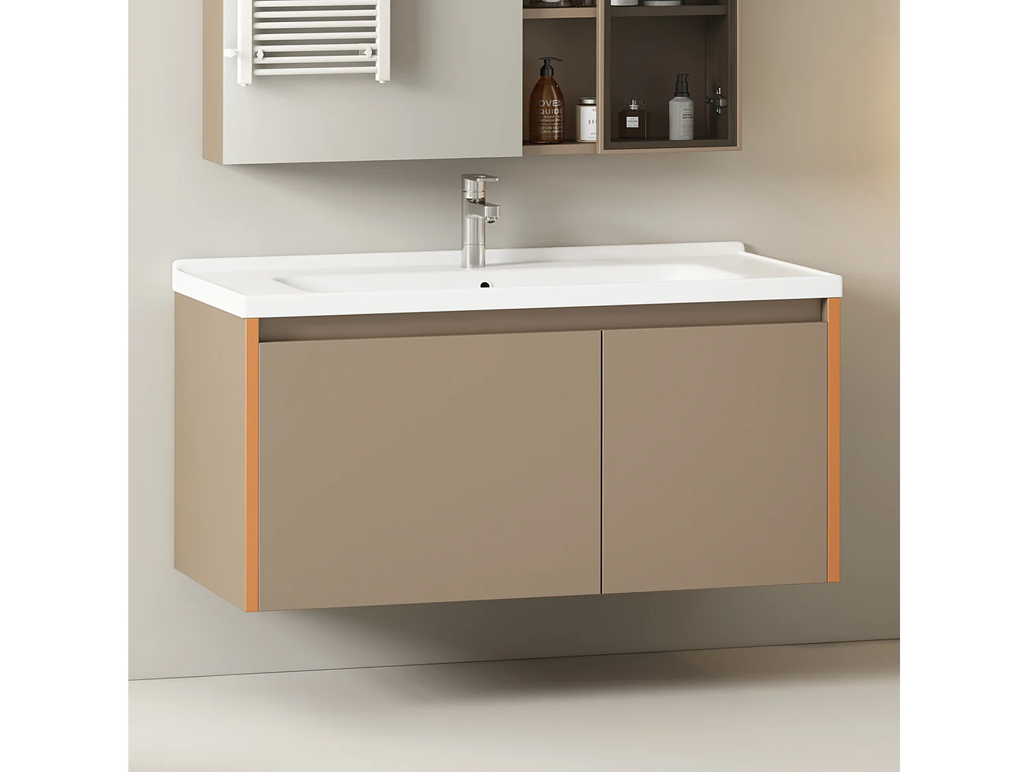 Meuble lave-main suspendu avec 2 portes - lavabo encastré - 90 x 47 x 48 cm - bois MDF - marron