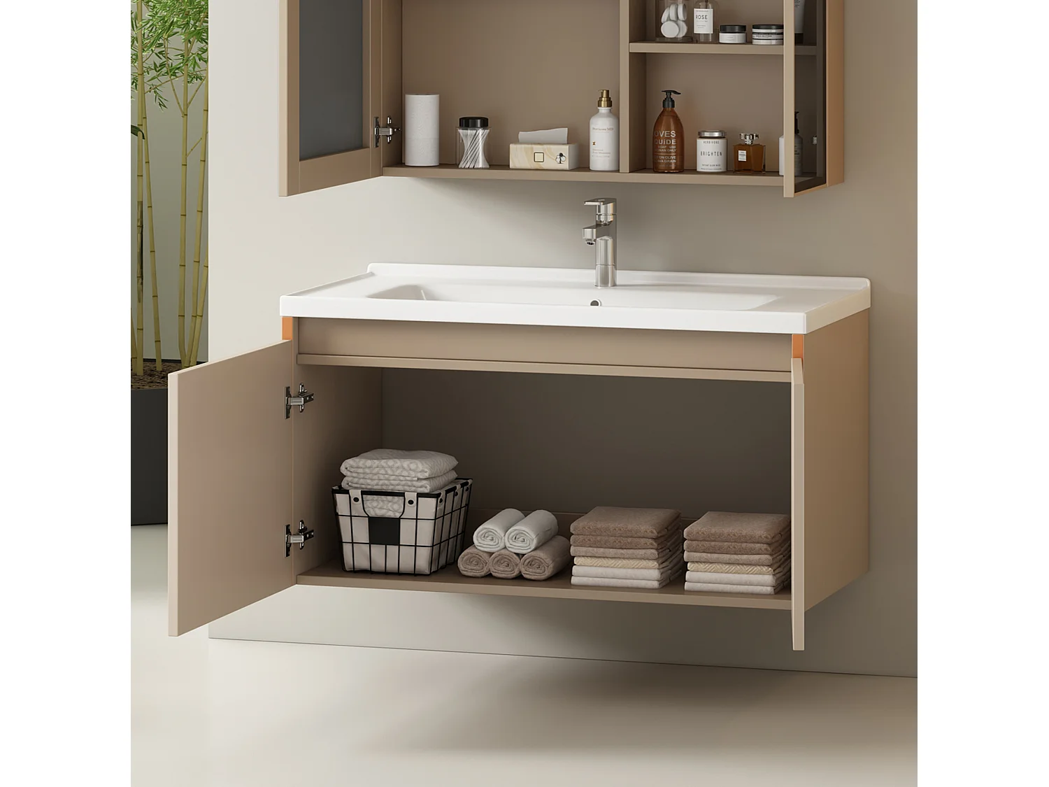 Meuble lave-main suspendu avec 2 portes - lavabo encastré - 90 x 47 x 48 cm - bois MDF - marron