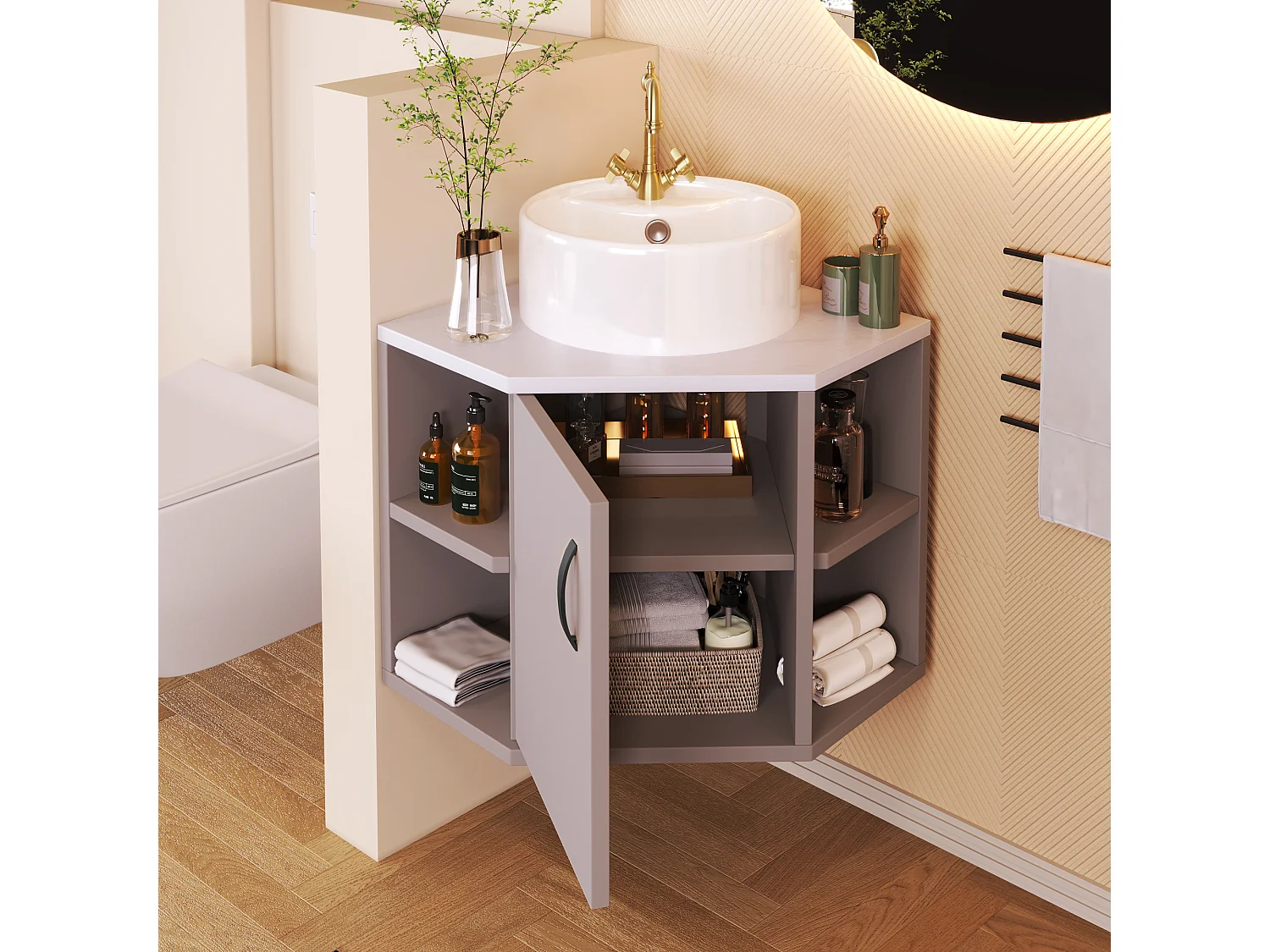 Meuble lave-main suspendu avec étagère de rangement et une porte - lavabo encastré - 50 x 50 x 47 cm - bois MDF - violet