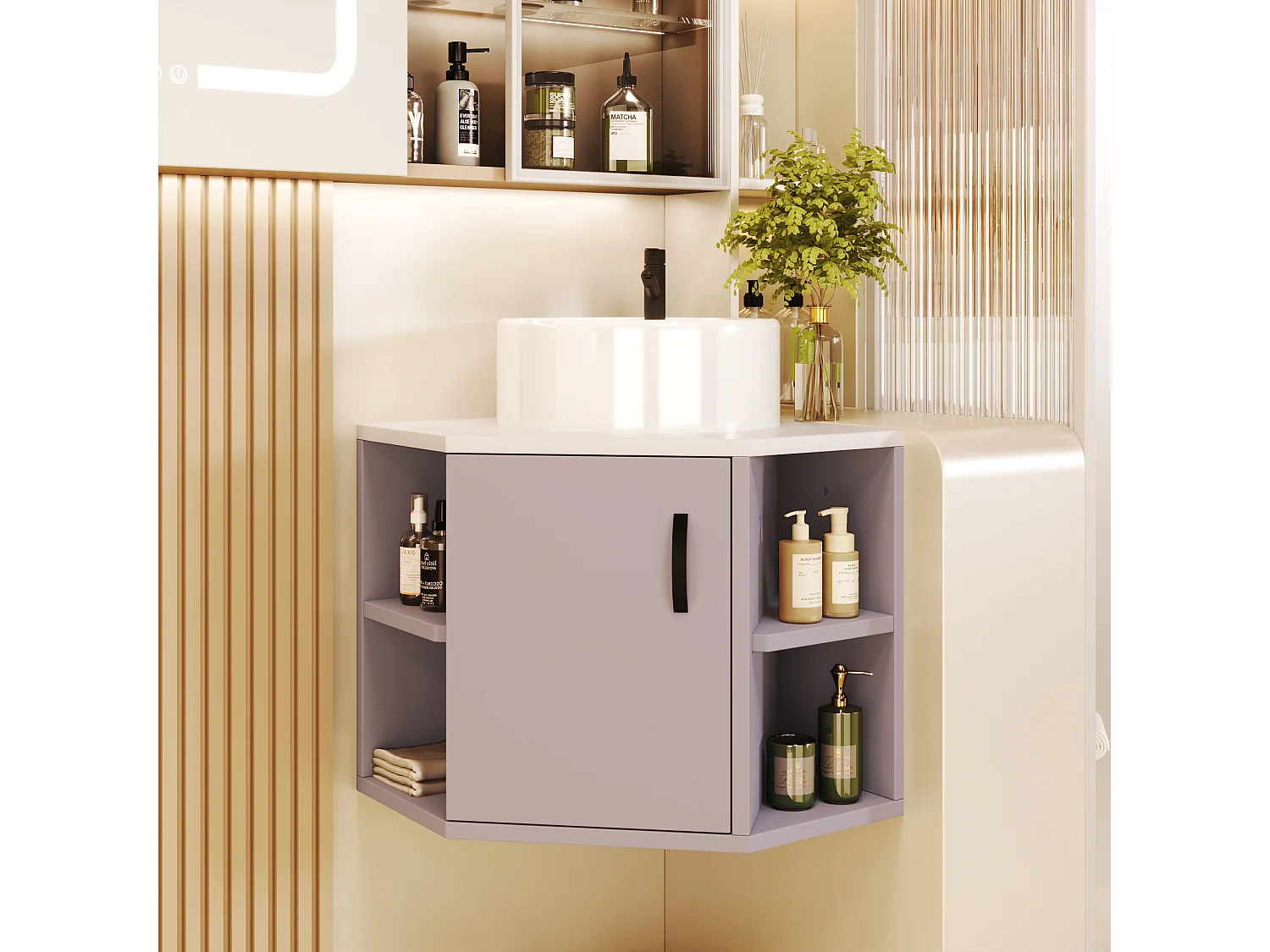 Meuble lave-main suspendu avec étagère de rangement et une porte - lavabo encastré - 50 x 50 x 47 cm - bois MDF - violet