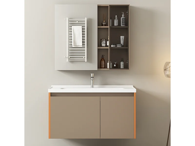 Spiegelkast en wandwastafelmeubel met nis - inbouwwastafel - breedte 90 cm - MDF-hout - bruin