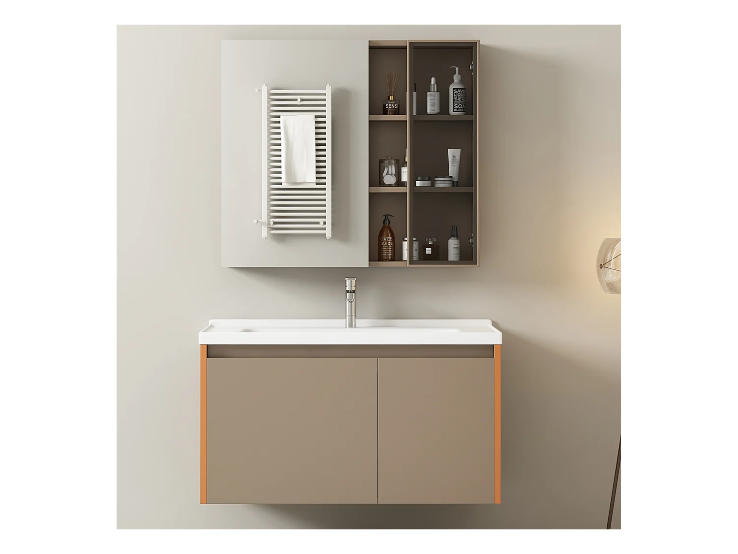Ensemble Armoire à miroir et Meuble lave-main suspendu avec niche - lavabo encastré - largeur 90 cm - bois MDF - marron