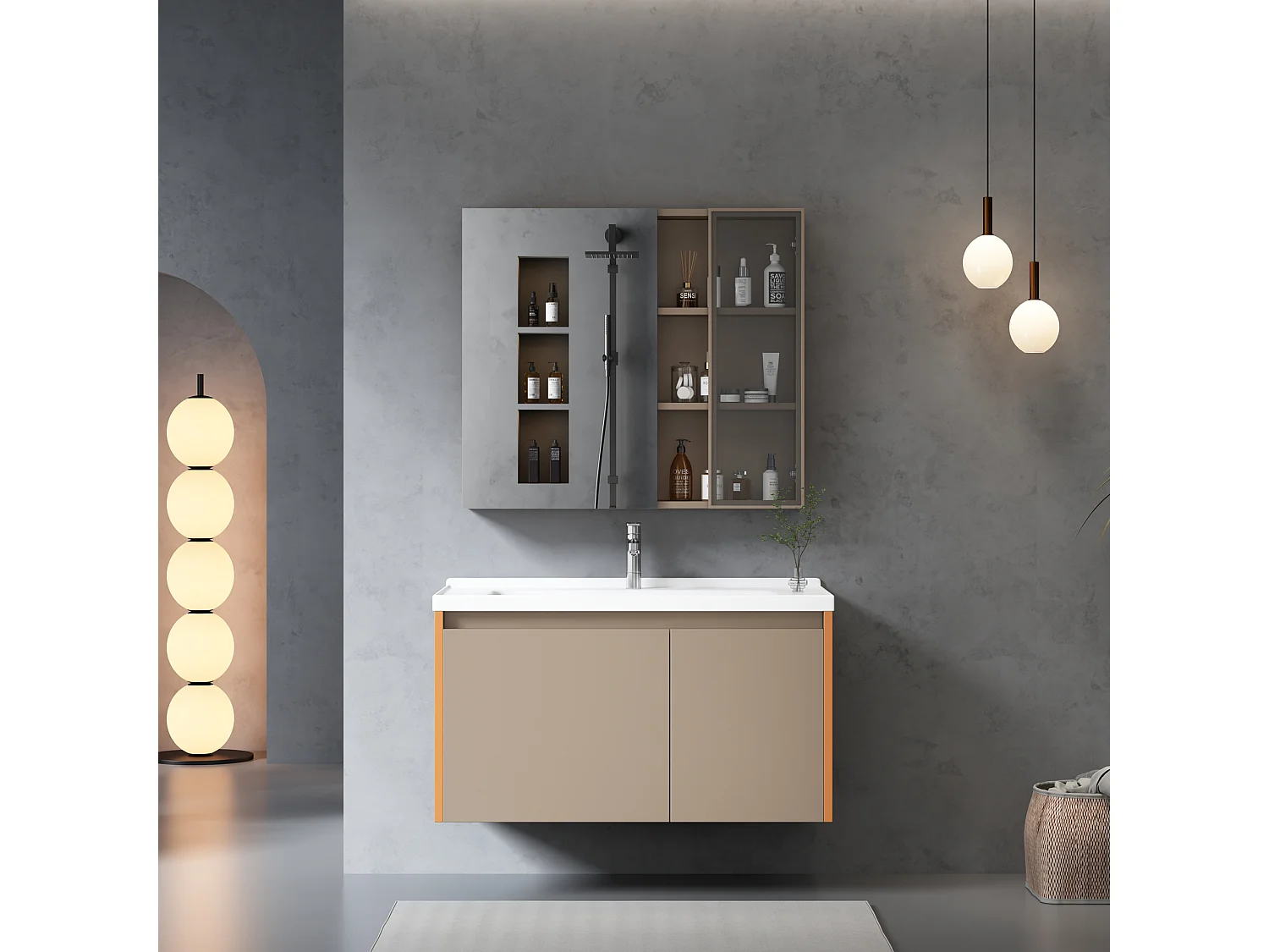 Ensemble Armoire à miroir et Meuble lave-main suspendu avec niche - lavabo encastré - largeur 90 cm - bois MDF - marron
