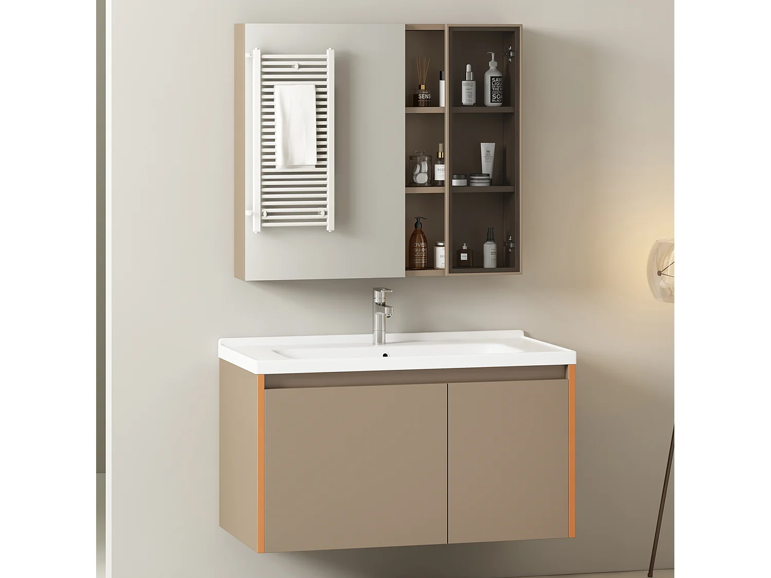 Ensemble Armoire à miroir et Meuble lave-main suspendu avec niche - lavabo encastré - largeur 90 cm - bois MDF - marron