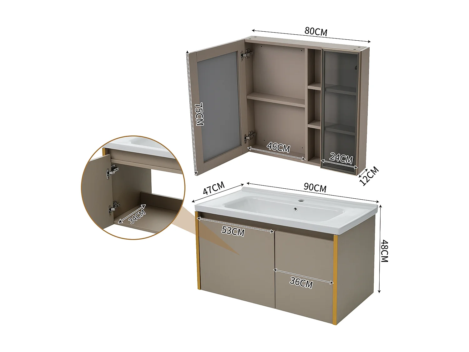 Ensemble Armoire à miroir et Meuble lave-main suspendu avec niche - lavabo encastré - largeur 90 cm - bois MDF - marron