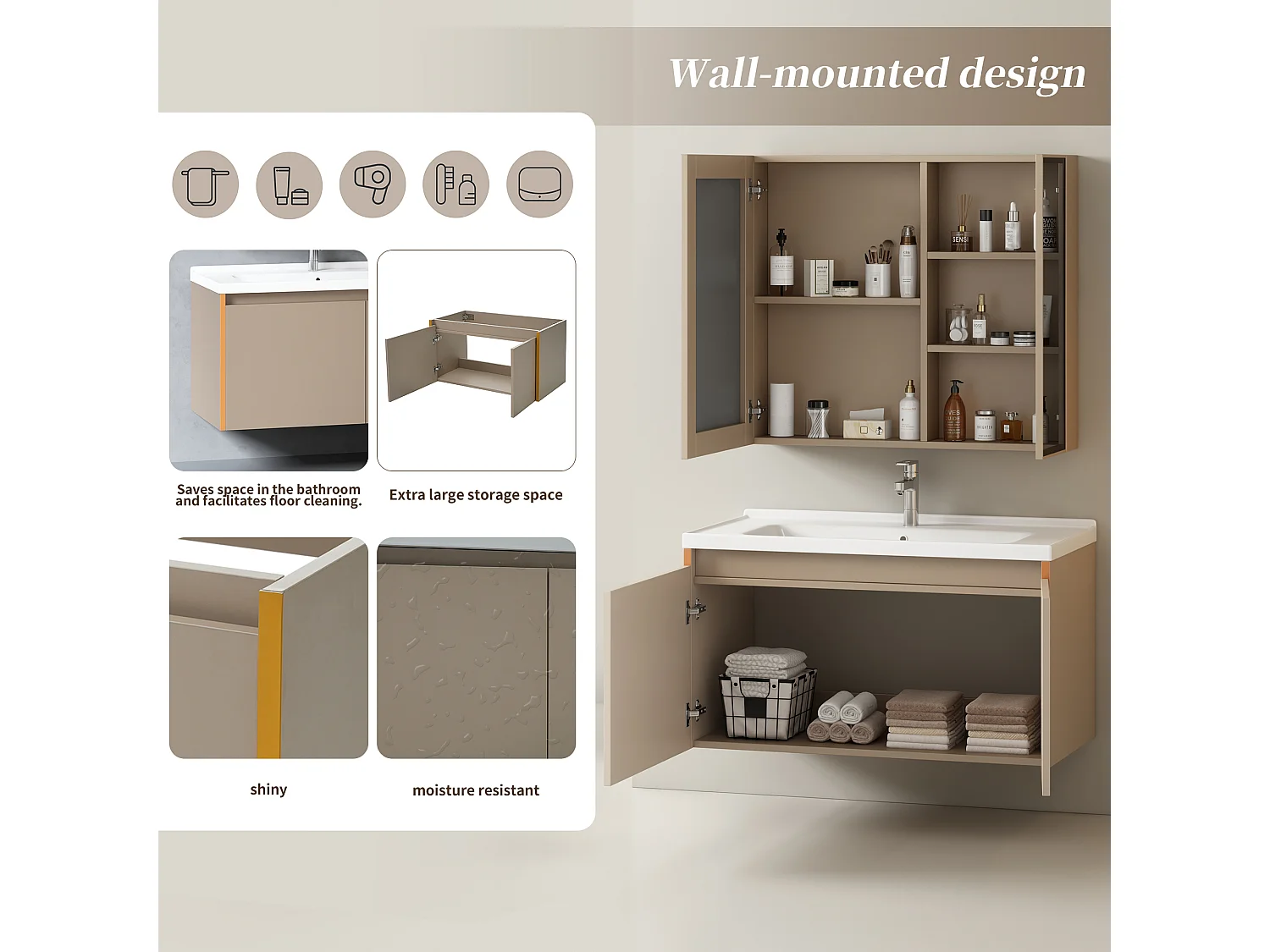 Ensemble Armoire à miroir et Meuble lave-main suspendu avec niche - lavabo encastré - largeur 90 cm - bois MDF - marron