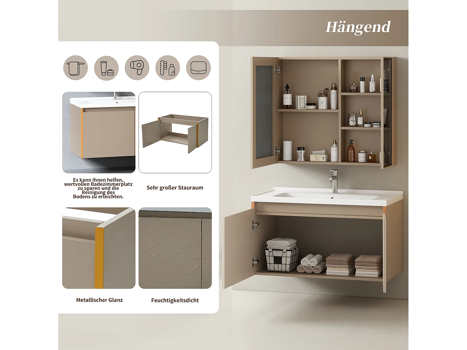 Ensemble Armoire à miroir et Meuble lave-main suspendu avec niche - lavabo encastré - largeur 90 cm - bois MDF - marron