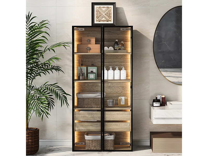 Mobiletto da bagno con LED - 74 x 36 x 155 cm - 2 cassetti grandi e 2 ante in vetro - Legno MDF - naturale