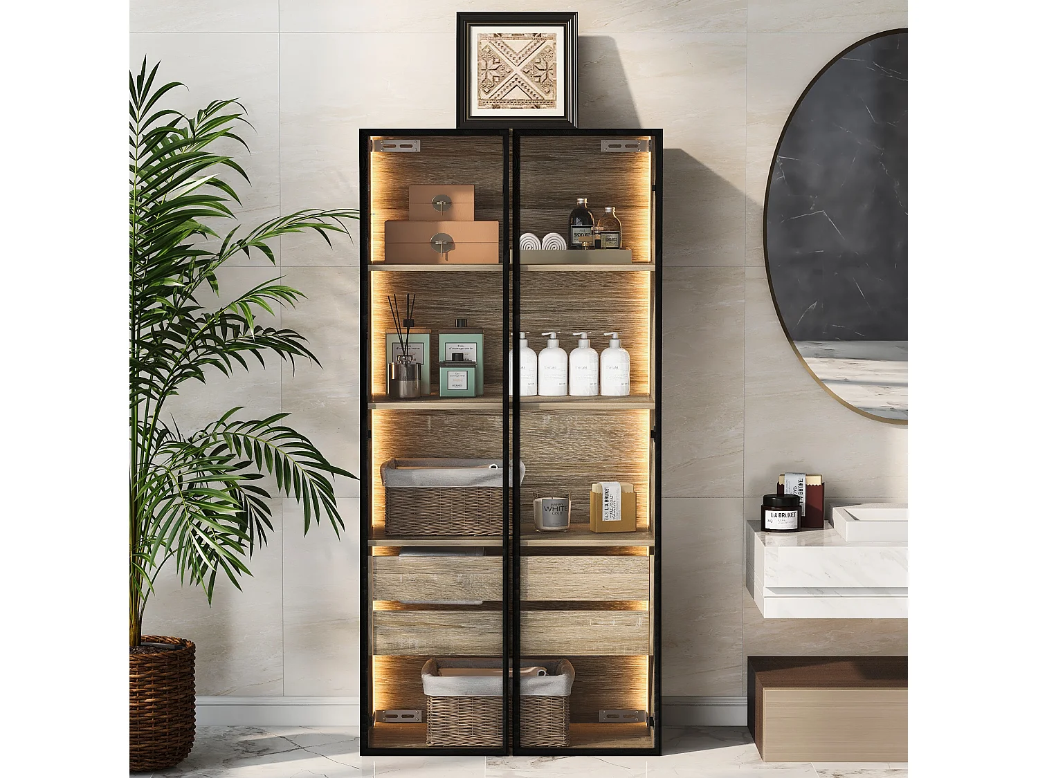 Szafka łazienkowa z diodami LED - 74 x 36 x 155 cm - 2 duże szuflady i 2 drzwi szklane - drewno MDF - naturalny