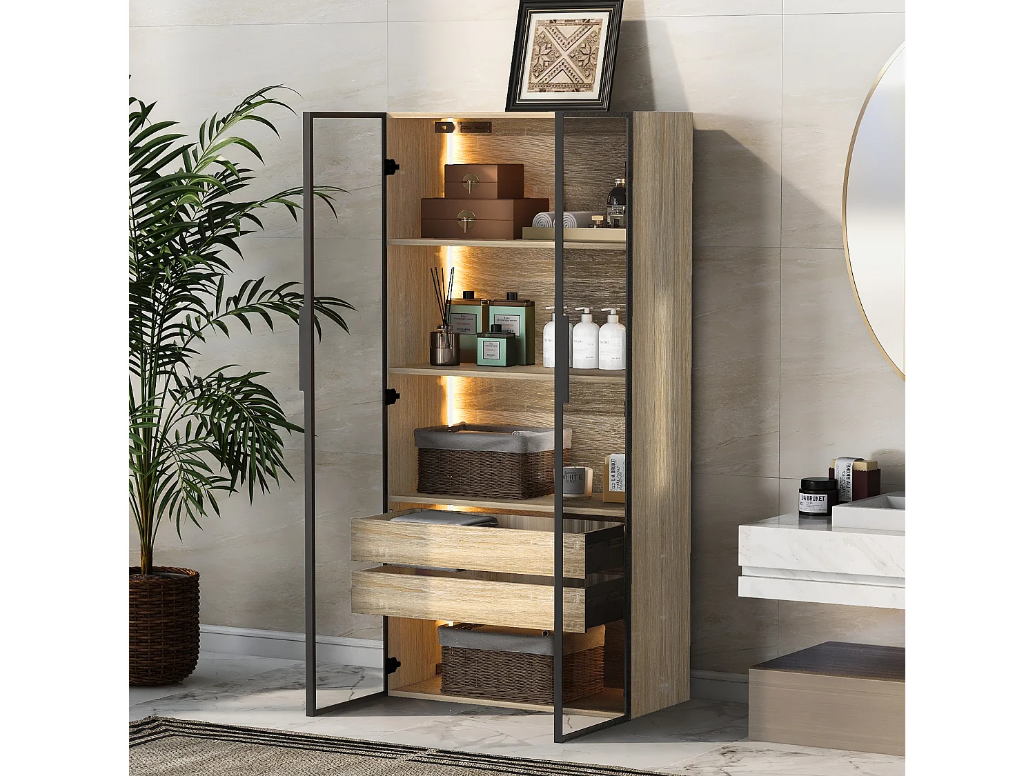 Szafka łazienkowa z diodami LED - 74 x 36 x 155 cm - 2 duże szuflady i 2 drzwi szklane - drewno MDF - naturalny