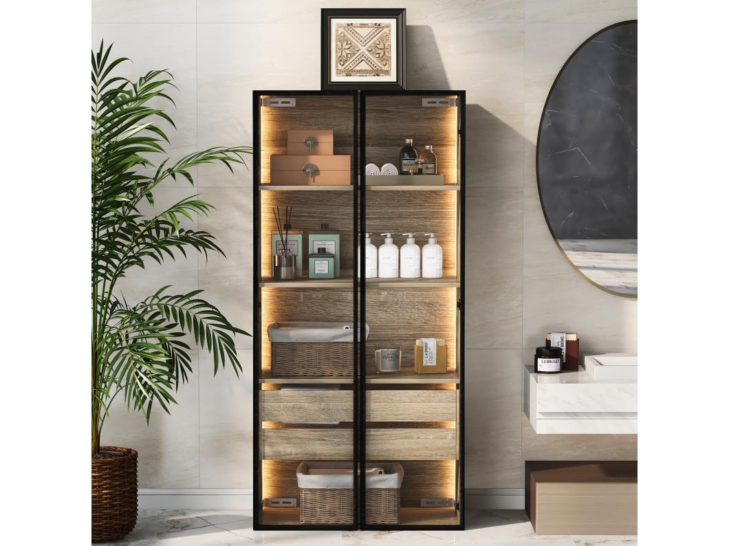 Móveis de banheiro com LEDs - 74 x 36 x 155 cm - 2 gavetas grandes e 2 portas de vidro - Madeira MDF - natural