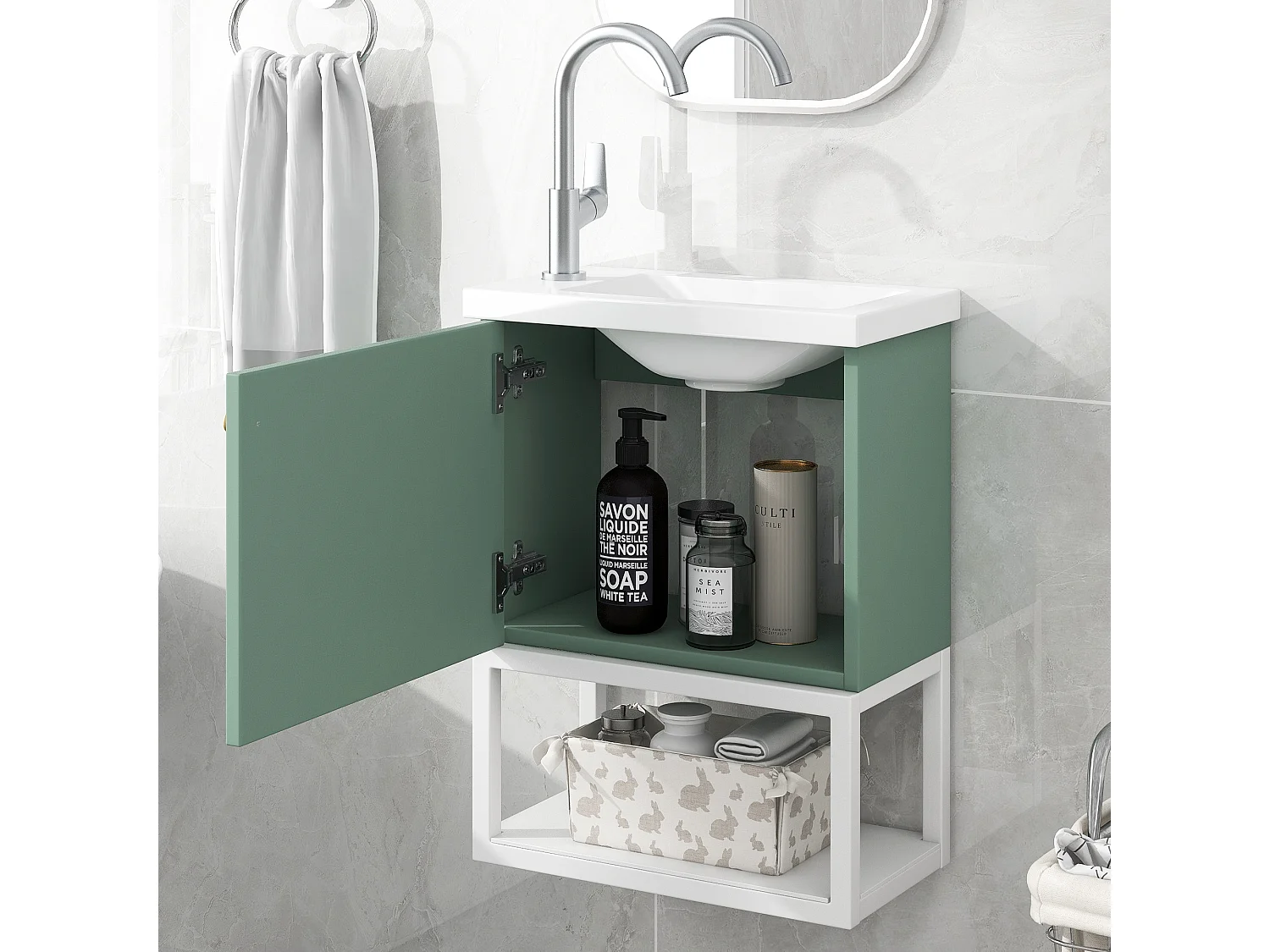 Meuble lave-main suspendu avec niche - lavabo encastré - 40 x 21 x 50 cm - bois MDF - vert