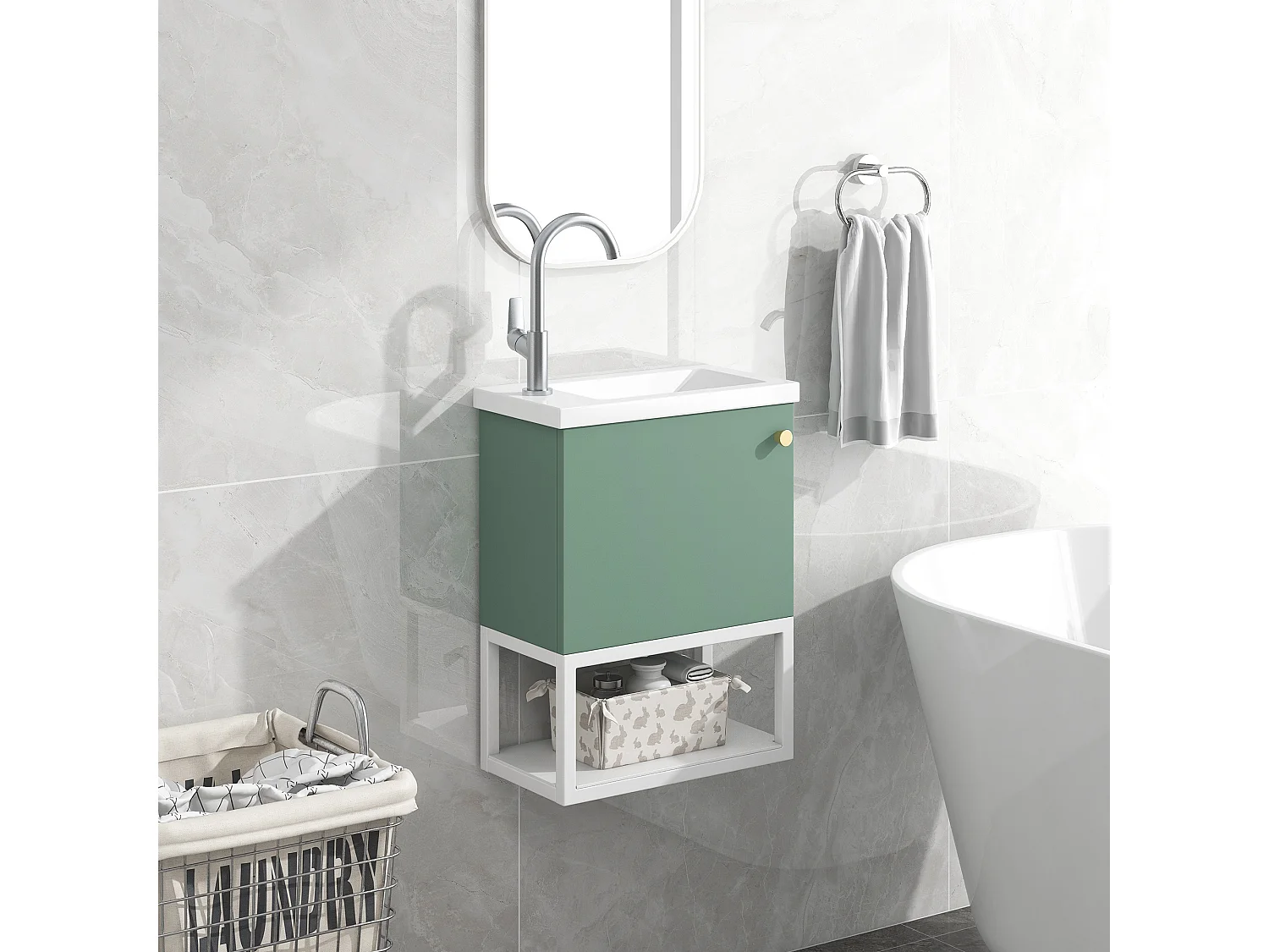 Meuble lave-main suspendu avec niche - lavabo encastré - 40 x 21 x 50 cm - bois MDF - vert