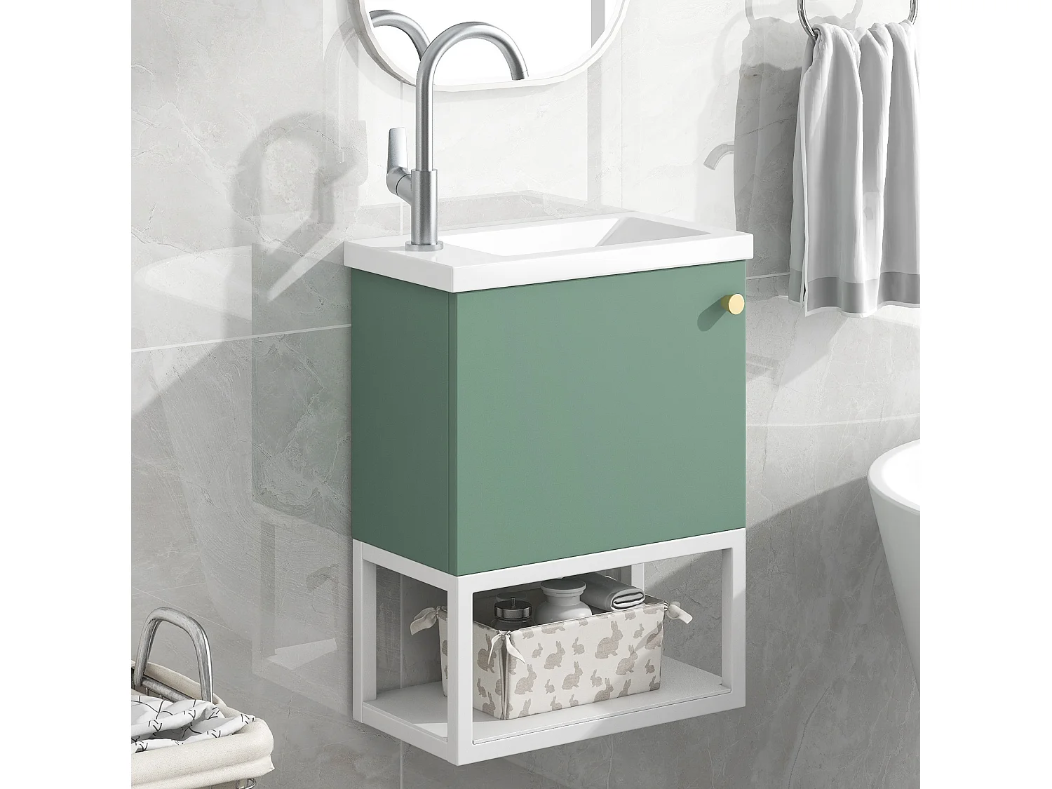 Meuble lave-main suspendu avec niche - lavabo encastré - 40 x 21 x 50 cm - bois MDF - vert