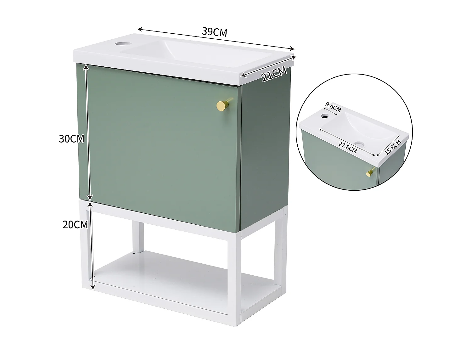 Meuble lave-main suspendu avec niche - lavabo encastré - 40 x 21 x 50 cm - bois MDF - vert