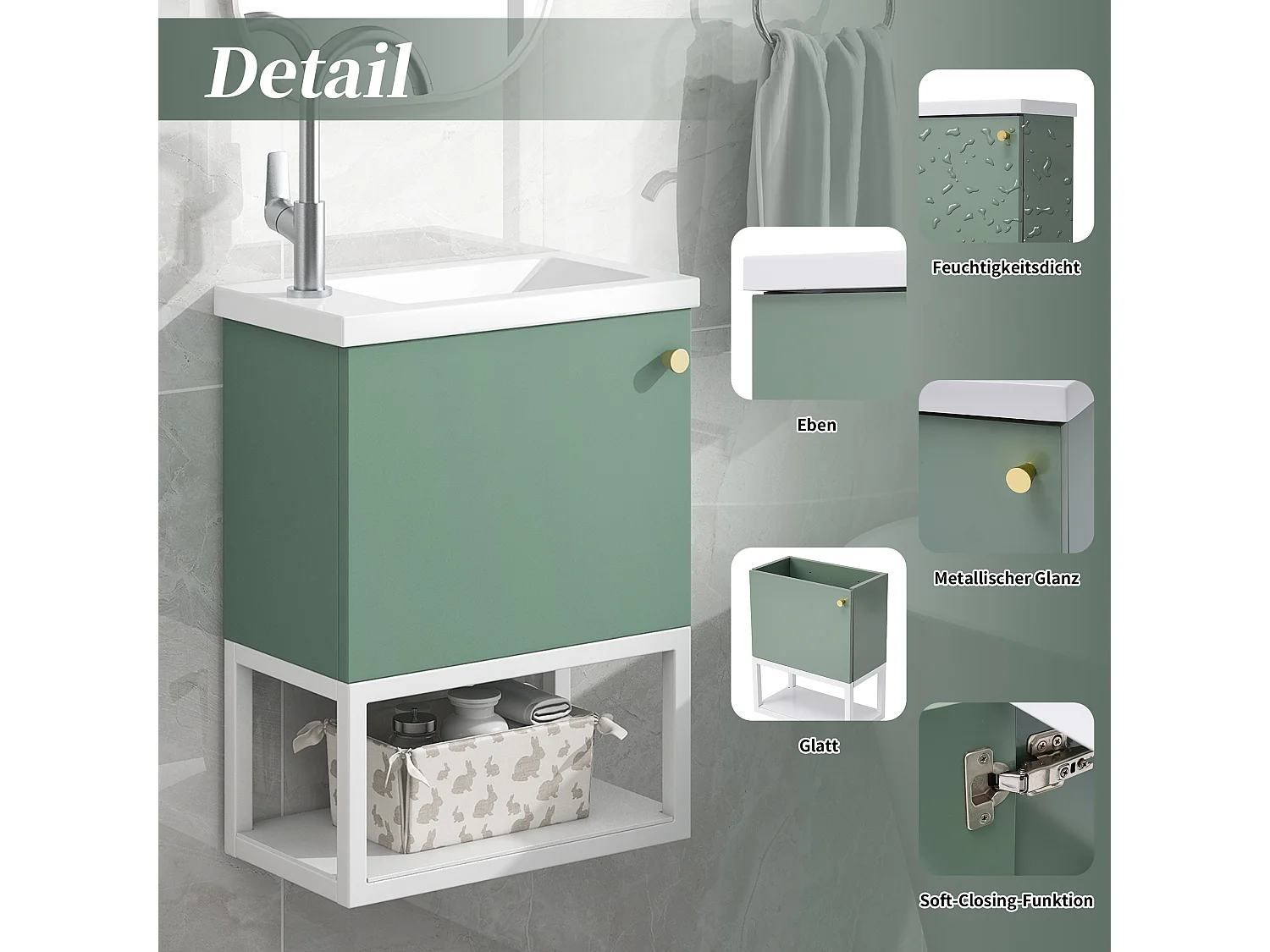Meuble lave-main suspendu avec niche - lavabo encastré - 40 x 21 x 50 cm - bois MDF - vert