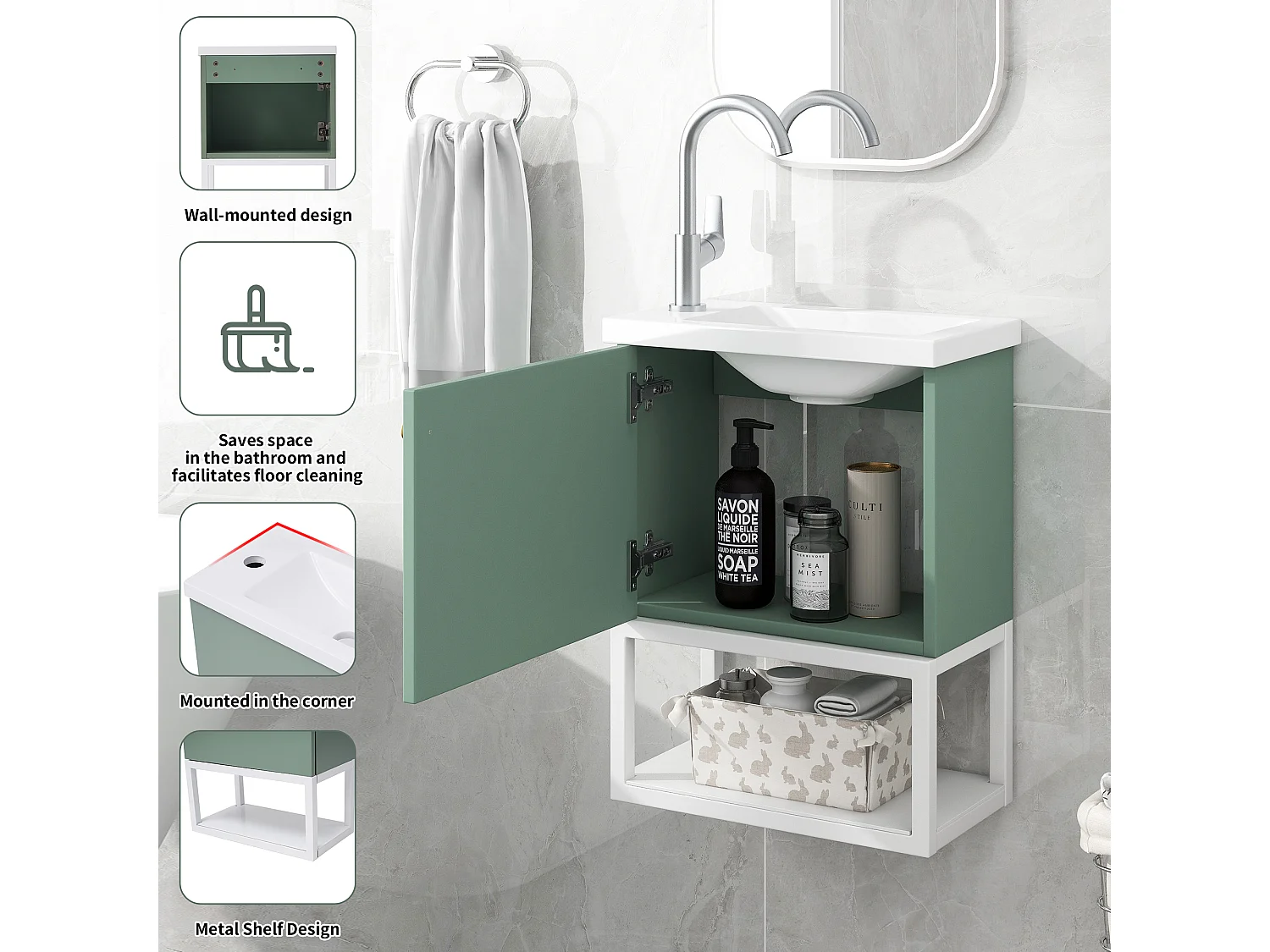 Meuble lave-main suspendu avec niche - lavabo encastré - 40 x 21 x 50 cm - bois MDF - vert
