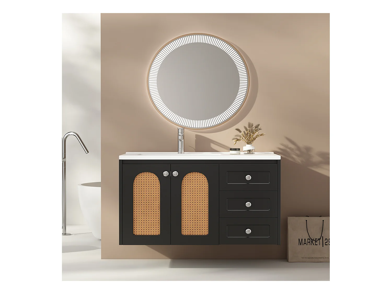Meuble lave-main suspendu avec 3 tiroirs et 2 porte - lavabo encastré - 90.5 x 46.3 x 54.5 cm - bois MDF - noir (sans miroir)