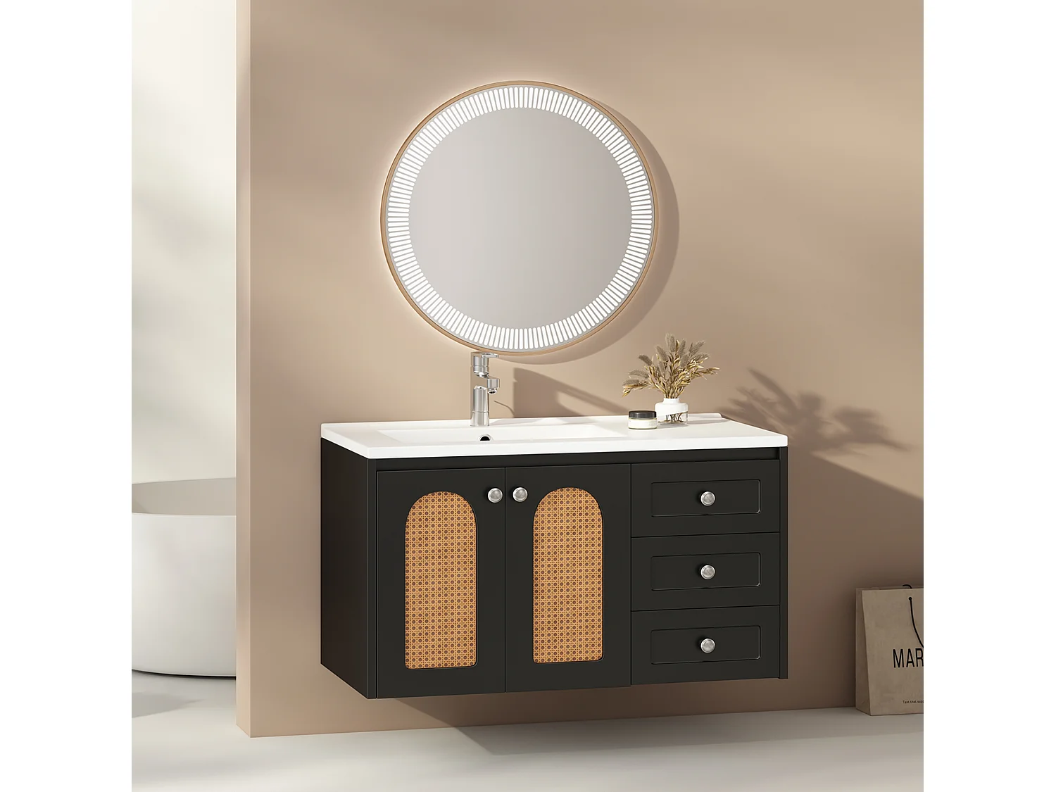 Mobile lavabo sospeso con 3 cassetti e 2 ante - lavabo integrato - 90,5 x 46,3 x 54,5 cm - legno MDF - nero (senza specchio)