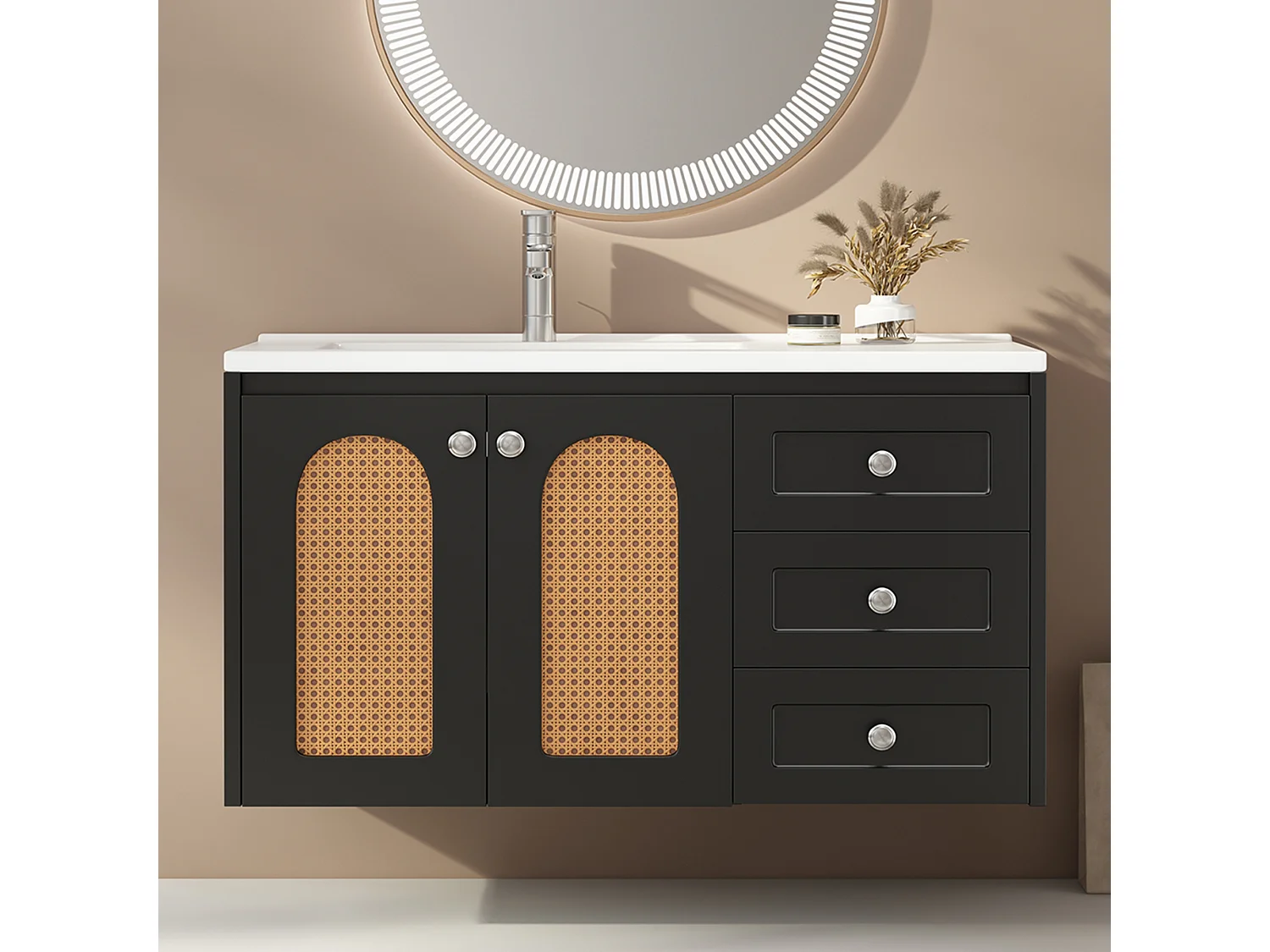 Mobile lavabo sospeso con 3 cassetti e 2 ante - lavabo integrato - 90,5 x 46,3 x 54,5 cm - legno MDF - nero (senza specchio)