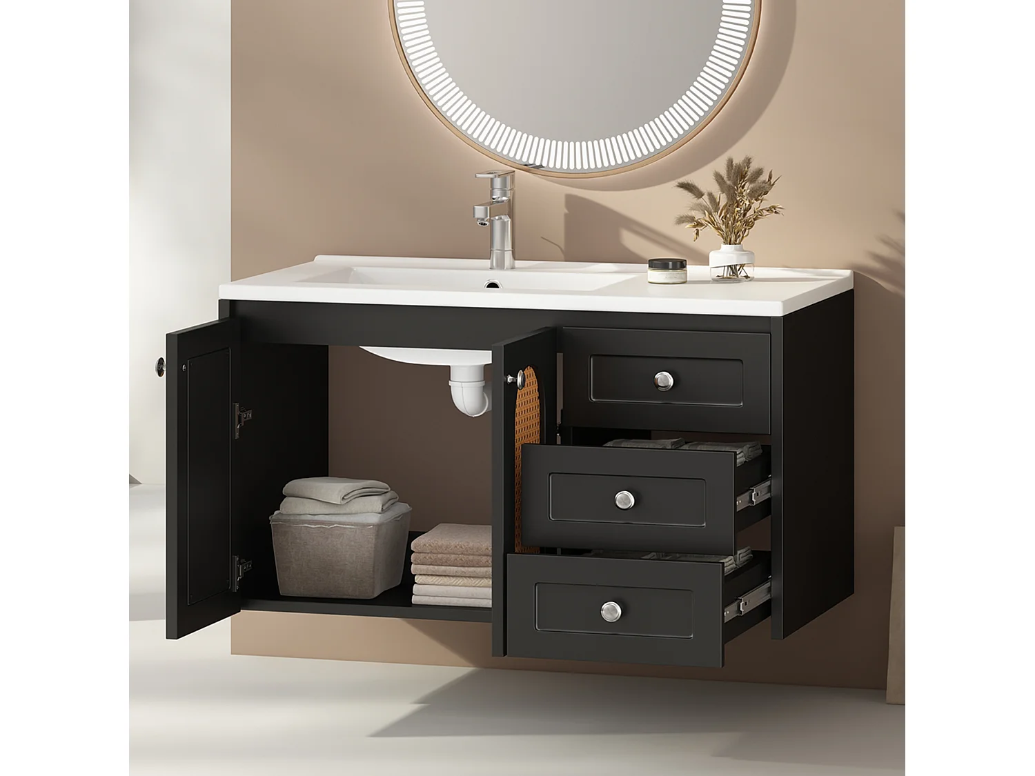 Mobile lavabo sospeso con 3 cassetti e 2 ante - lavabo integrato - 90,5 x 46,3 x 54,5 cm - legno MDF - nero (senza specchio)