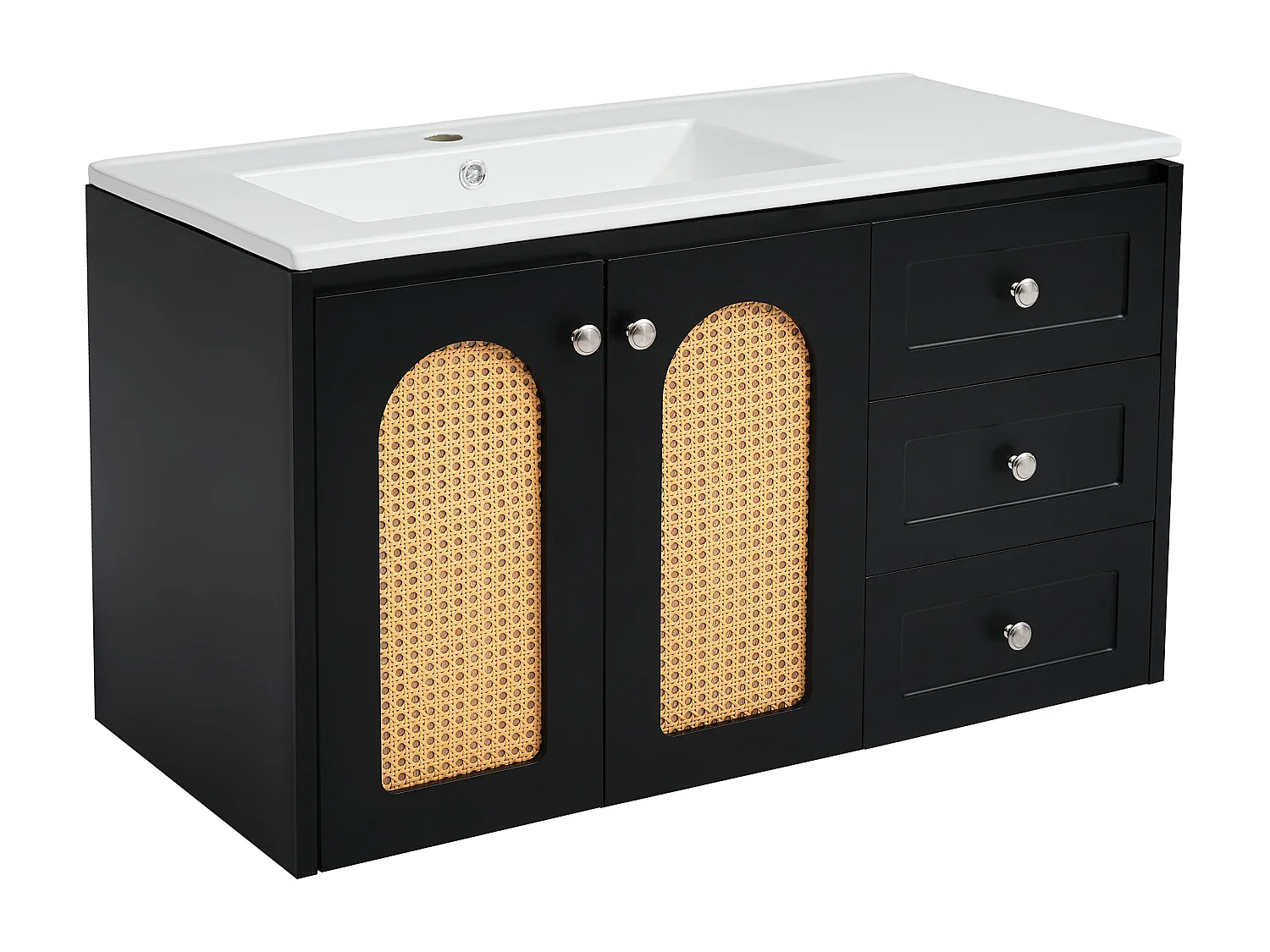 Mobile lavabo sospeso con 3 cassetti e 2 ante - lavabo integrato - 90,5 x 46,3 x 54,5 cm - legno MDF - nero (senza specchio)