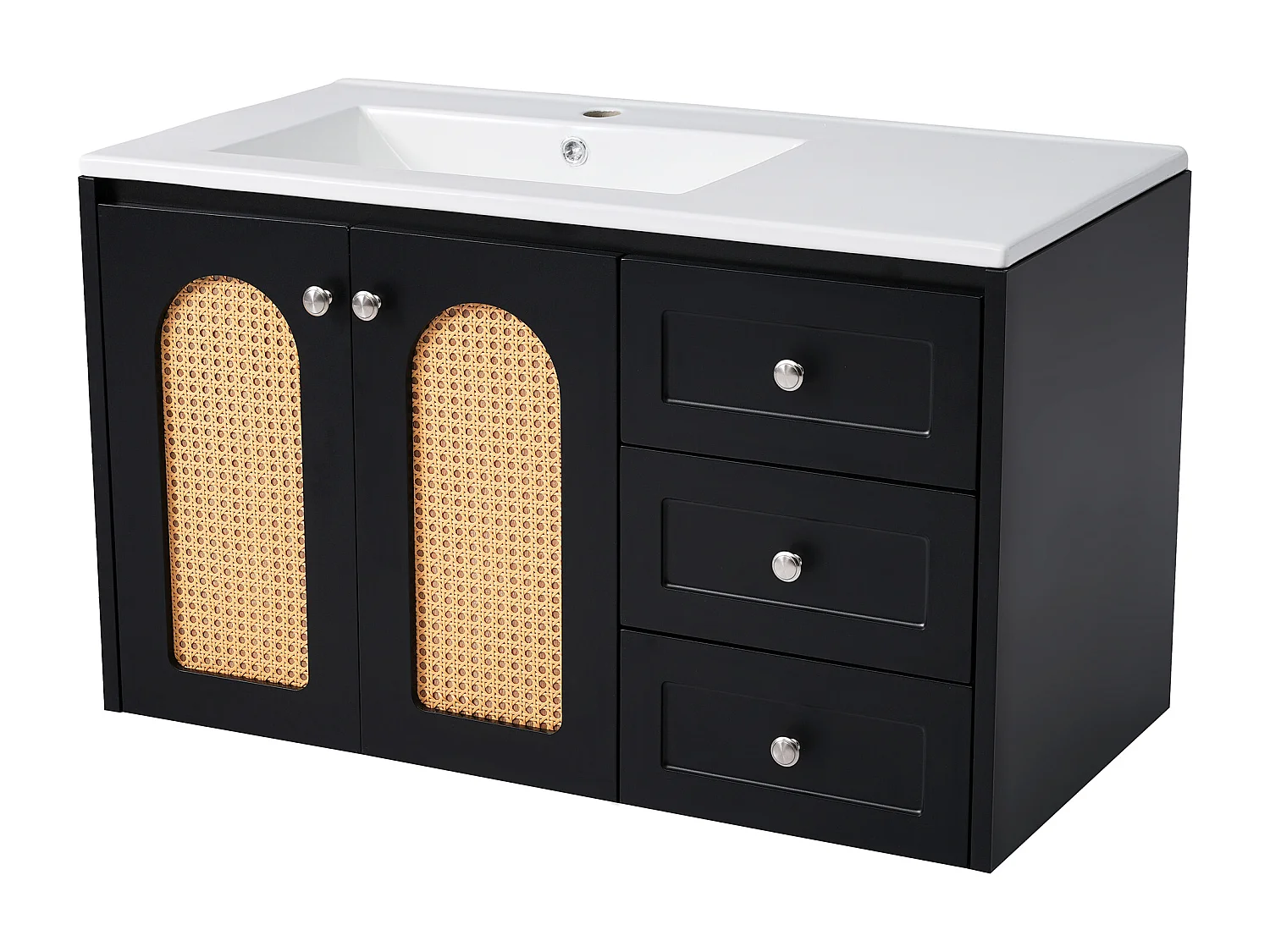 Mobile lavabo sospeso con 3 cassetti e 2 ante - lavabo integrato - 90,5 x 46,3 x 54,5 cm - legno MDF - nero (senza specchio)