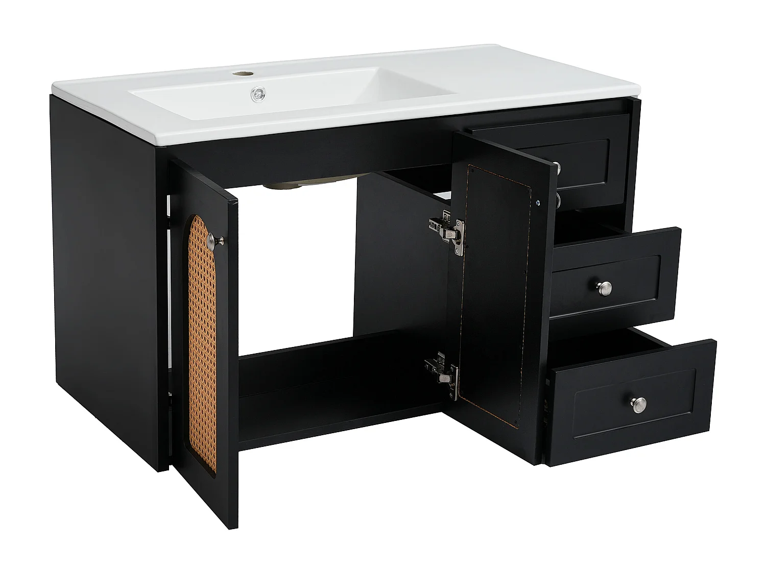 Mobile lavabo sospeso con 3 cassetti e 2 ante - lavabo integrato - 90,5 x 46,3 x 54,5 cm - legno MDF - nero (senza specchio)