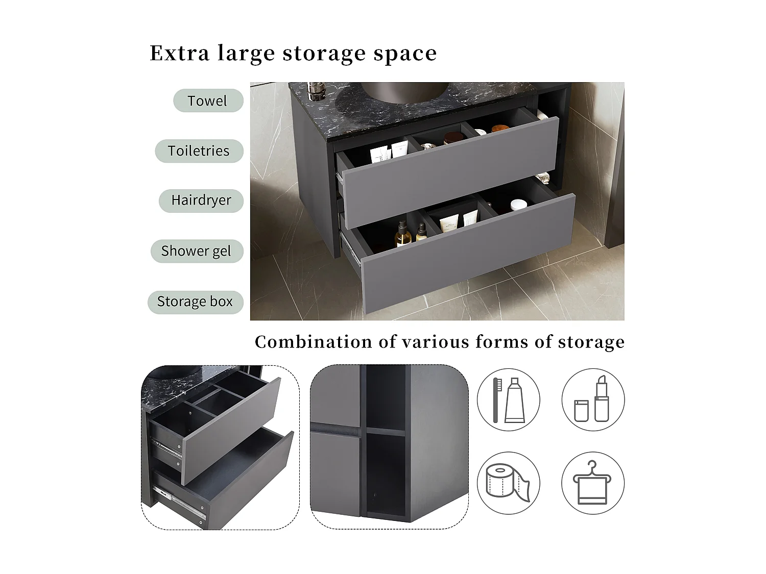 Meuble lave-main suspendu avec 2 tiroirs et étagères - lavabo encastré - 80 x 44 x 48.5 cm - bois MDF - gris + noir