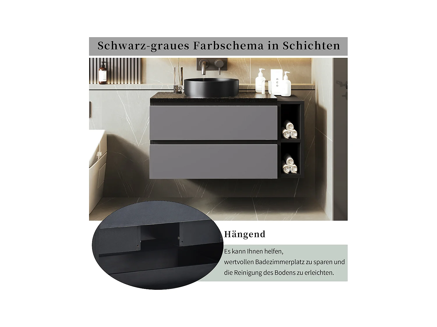 Szafka pod umywalkę wiszącą z 2 szufladami i półkami - umywalka wbudowana - 80 x 44 x 48,5 cm - drewno MDF - szary + czarny