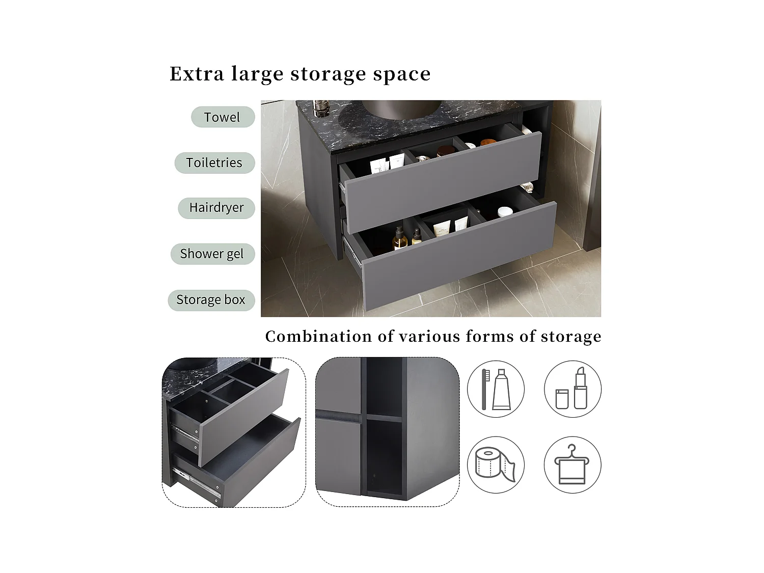 Szafka pod umywalkę wiszącą z 2 szufladami i półkami - umywalka wbudowana - 80 x 44 x 48,5 cm - drewno MDF - szary + czarny