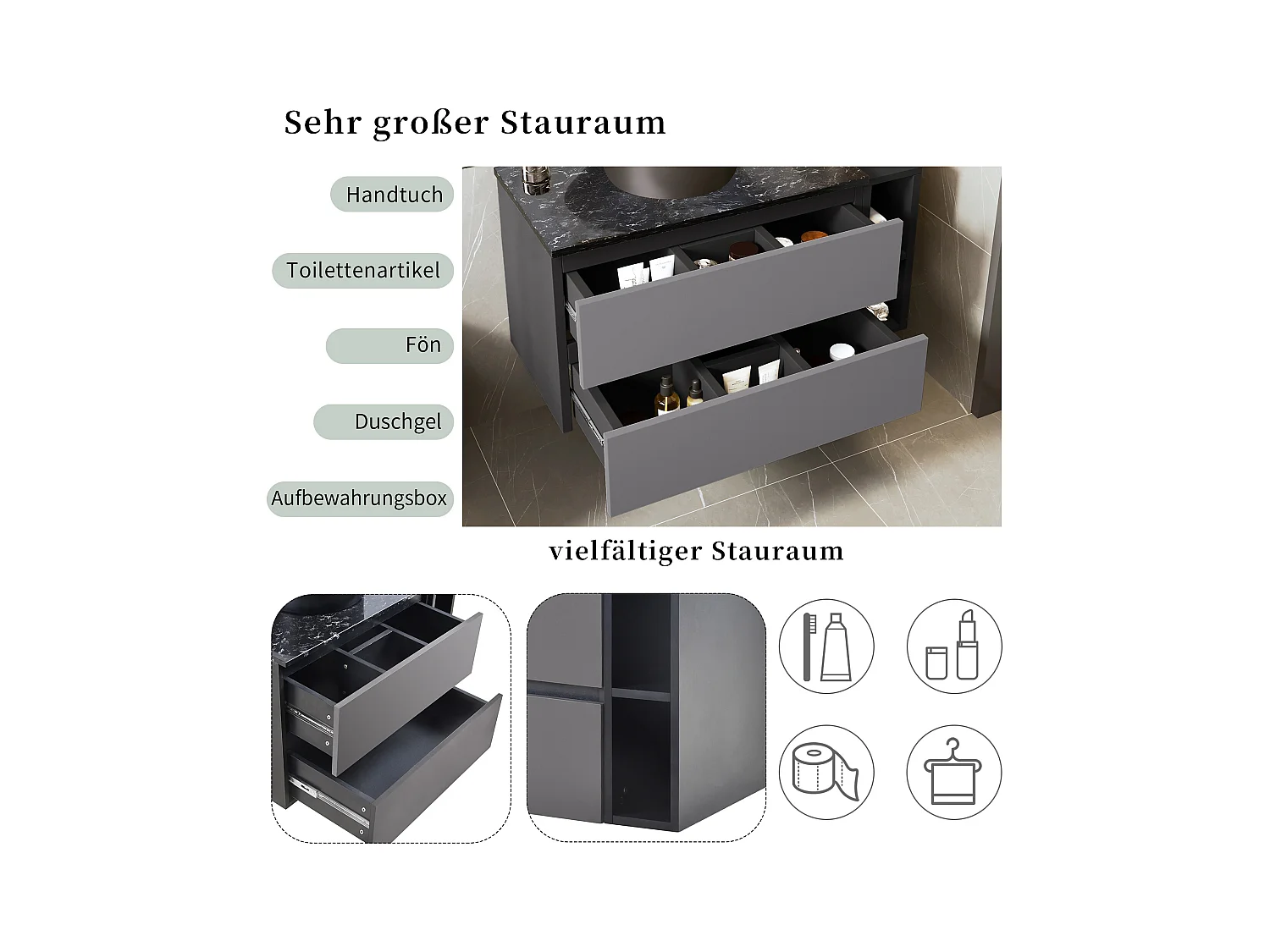 Szafka pod umywalkę wiszącą z 2 szufladami i półkami - umywalka wbudowana - 80 x 44 x 48,5 cm - drewno MDF - szary + czarny