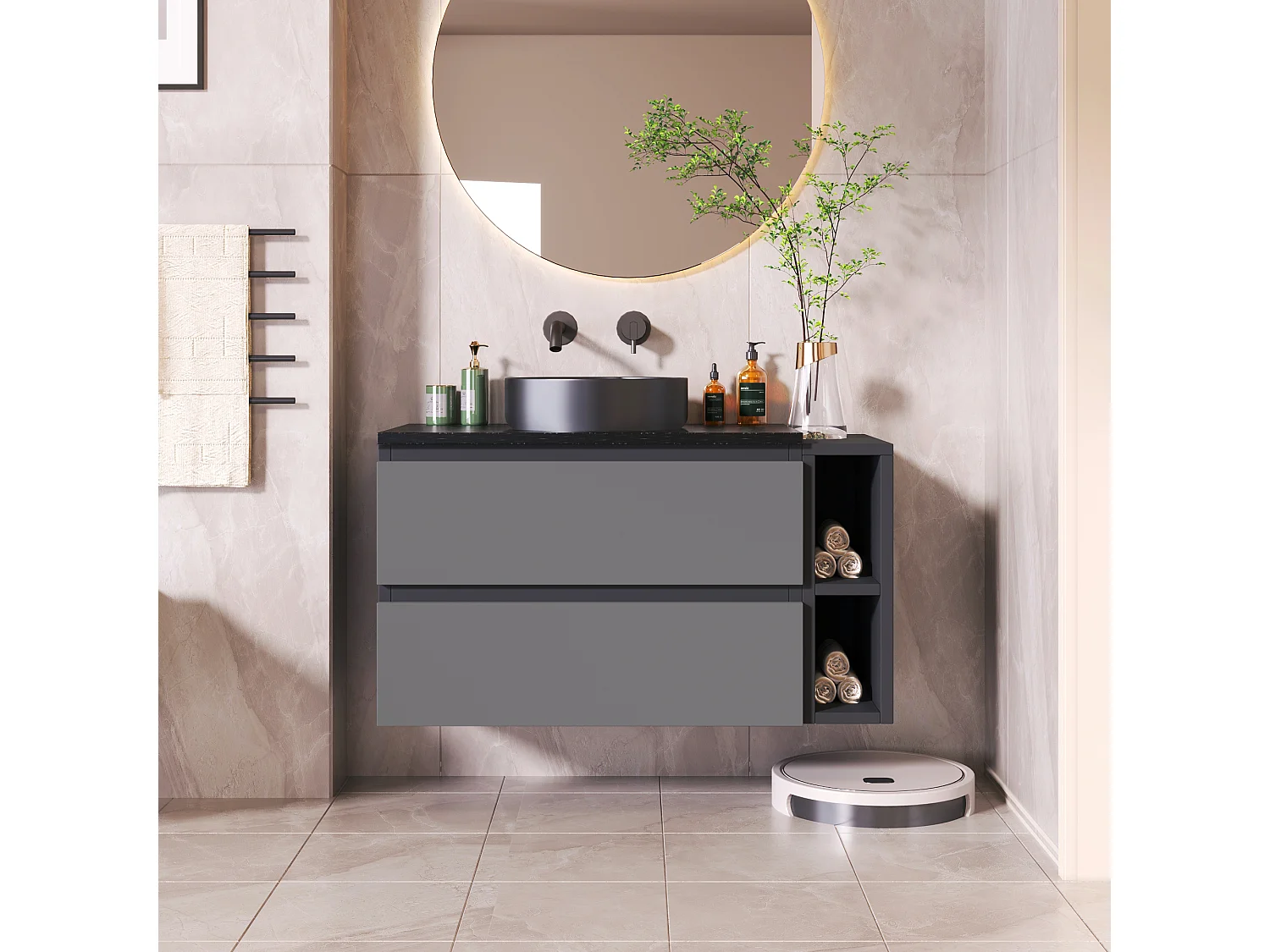 Wandgemonteerde wastafelmeubel met 2 lades en planken - inbouwwastafel - 80 x 44 x 48,5 cm - MDF-hout - grijs + zwart