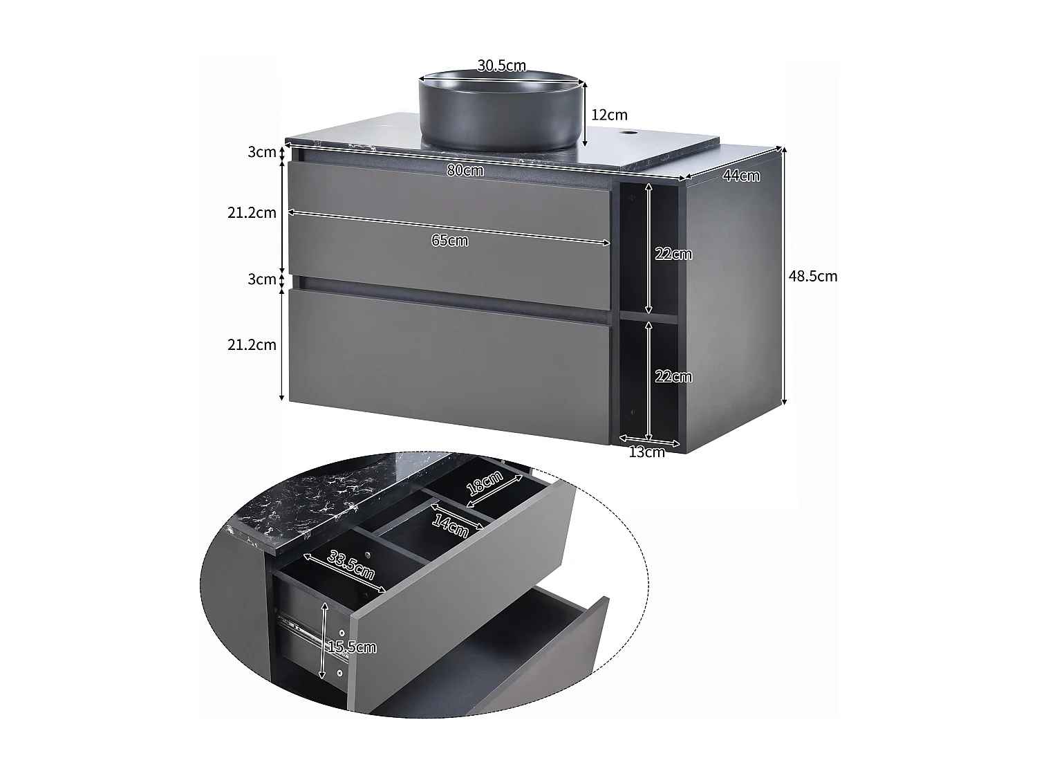 Wandgemonteerde wastafelmeubel met 2 lades en planken - inbouwwastafel - 80 x 44 x 48,5 cm - MDF-hout - grijs + zwart