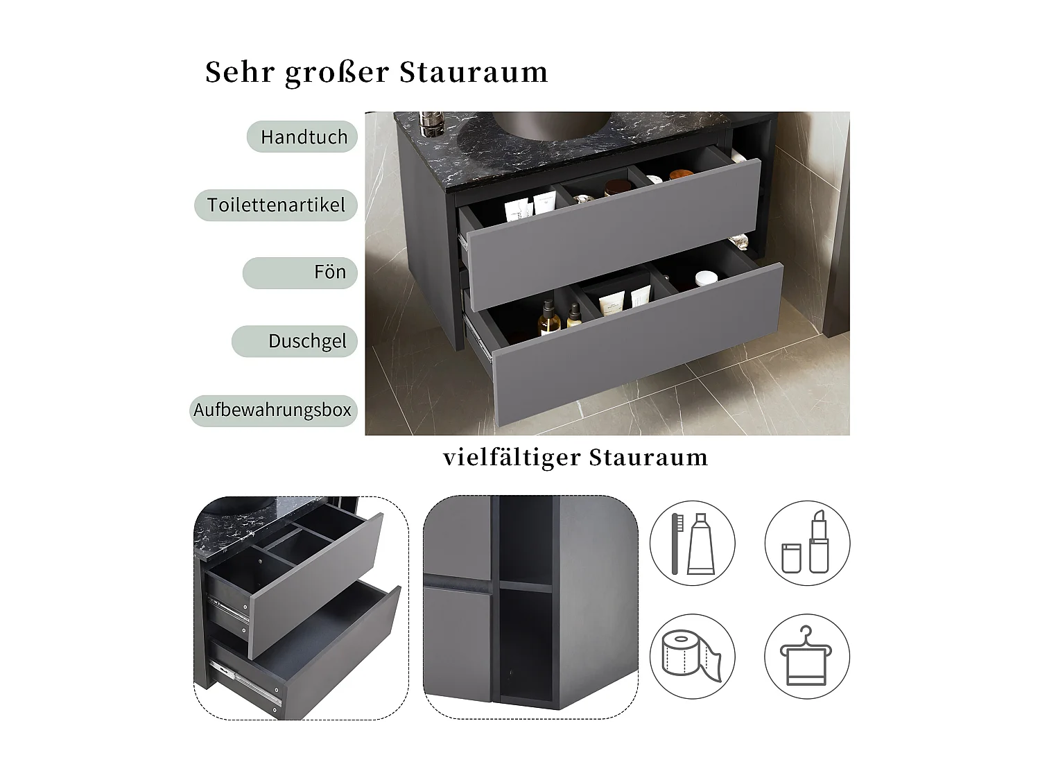 Wandgemonteerde wastafelmeubel met 2 lades en planken - inbouwwastafel - 80 x 44 x 48,5 cm - MDF-hout - grijs + zwart