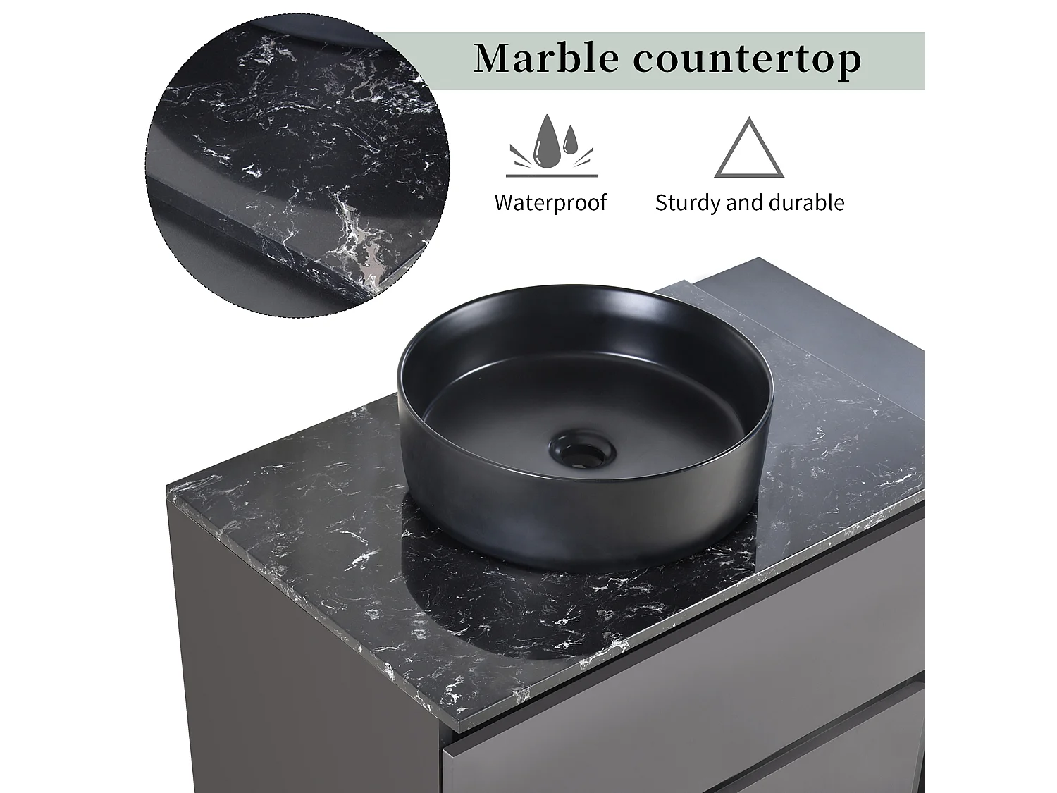 Meuble lave-main suspendu avec 2 tiroirs et étagères - lavabo encastré - 80 x 44 x 48.5 cm - bois MDF - gris + noir