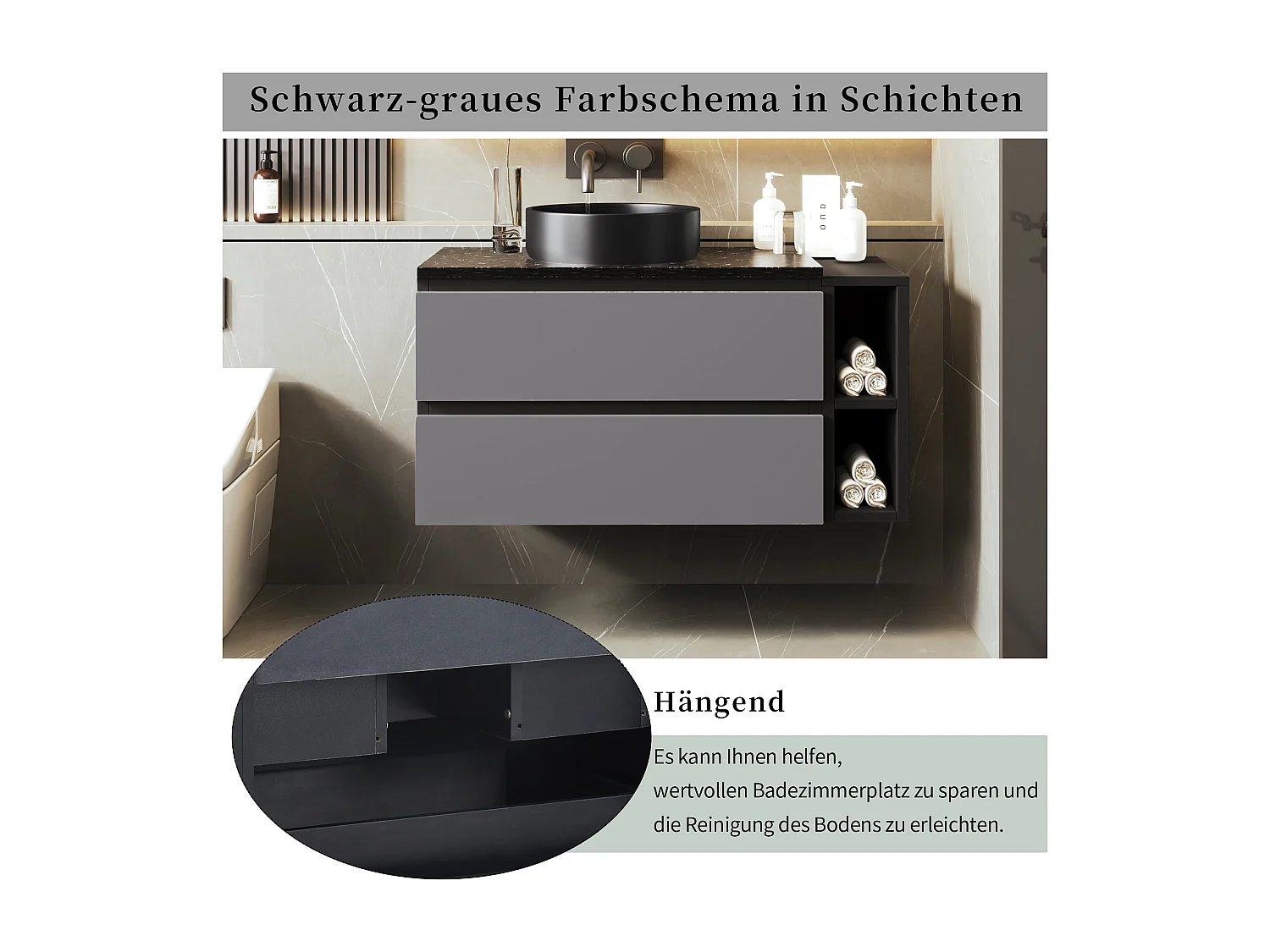 Meuble lave-main suspendu avec 2 tiroirs et étagères - lavabo encastré - 80 x 44 x 48.5 cm - bois MDF - gris + noir