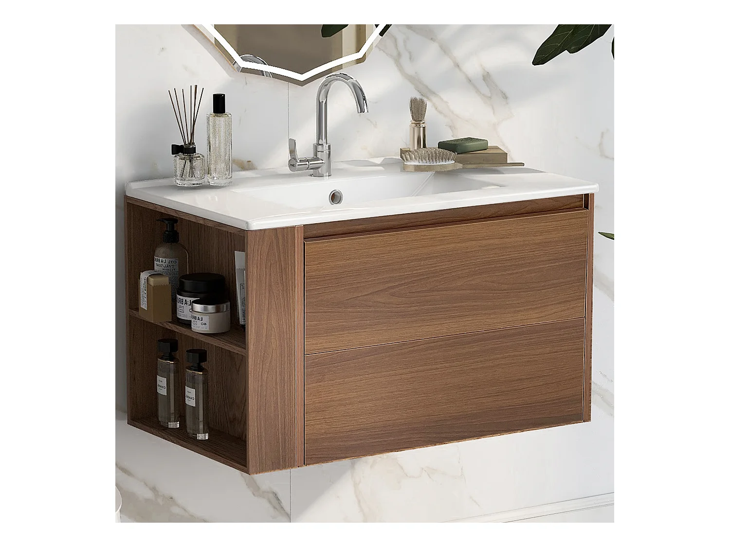 Wandwastafelmeubel met één deur en één lade - inbouwwastafel - 76 x 47 x 47 cm - MDF-hout - bruin