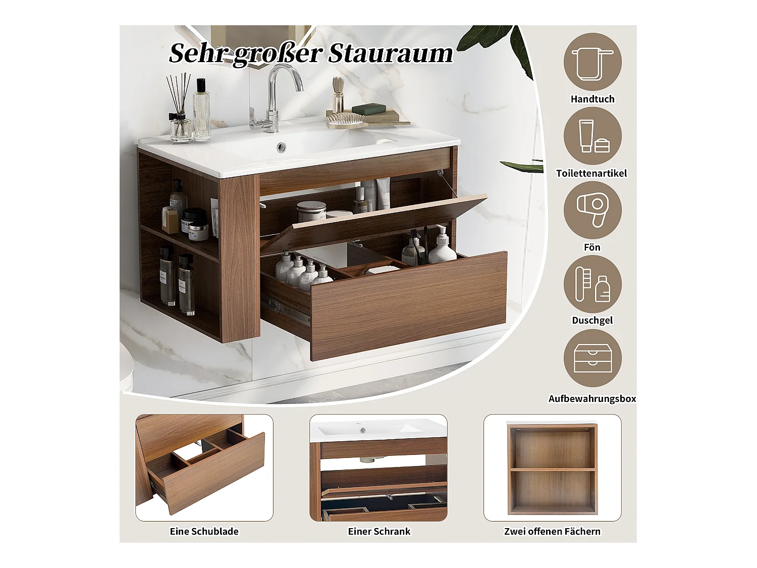 Meuble lave-main suspendu avec une porte et 1 tiroir - lavabo encastré - 76 x 47 x 47 cm - bois MDF - marron