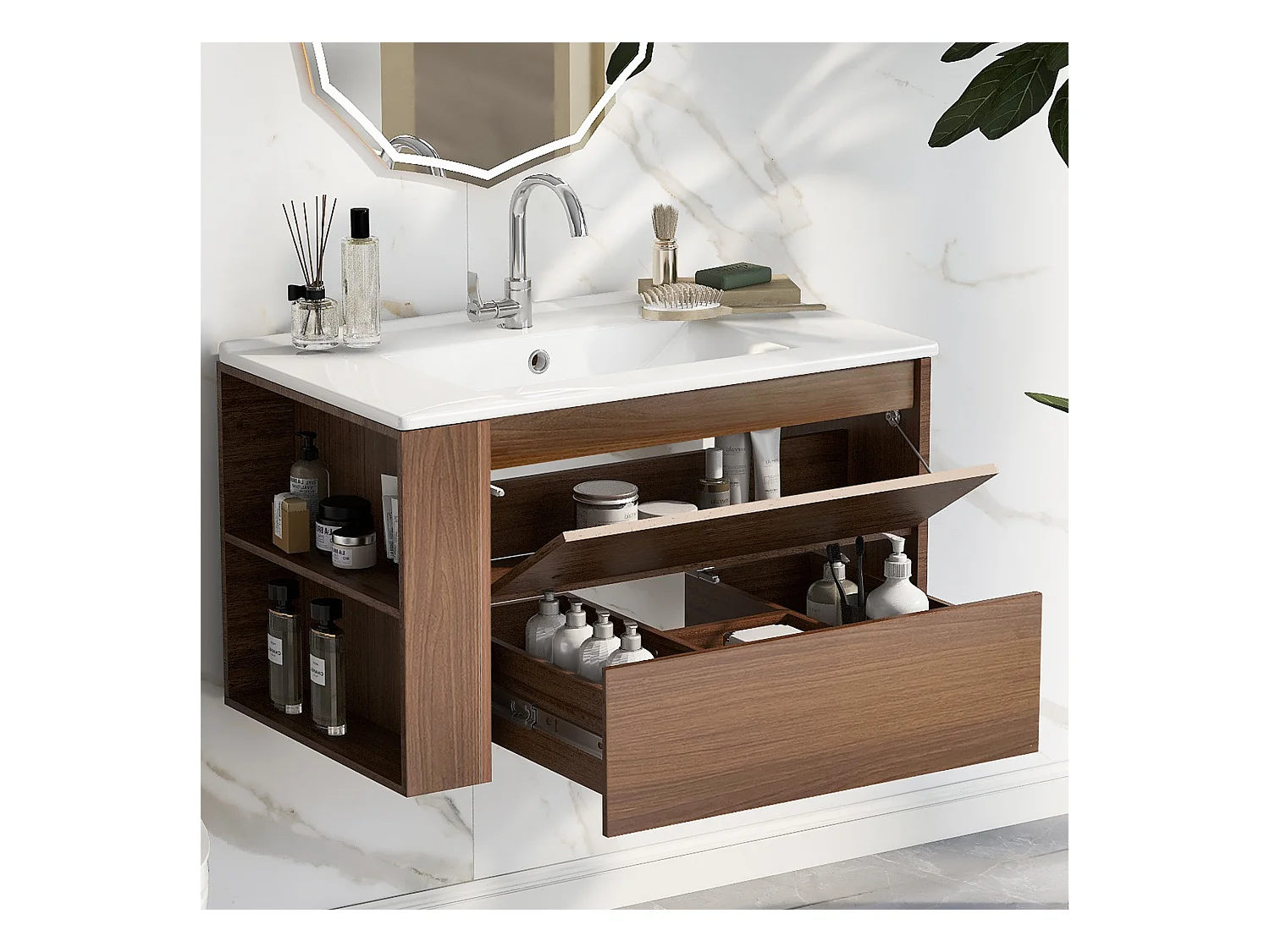 Meuble lave-main suspendu avec une porte et 1 tiroir - lavabo encastré - 76 x 47 x 47 cm - bois MDF - marron