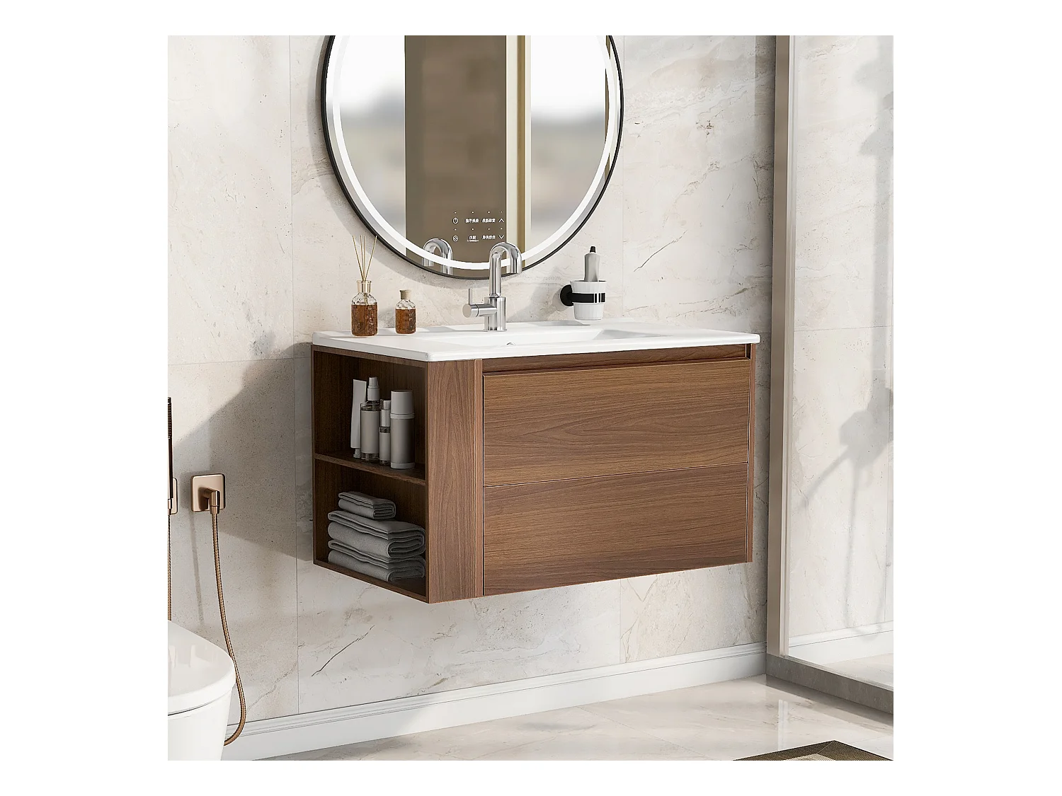 Meuble lave-main suspendu avec une porte et 1 tiroir - lavabo encastré - 76 x 47 x 47 cm - bois MDF - marron