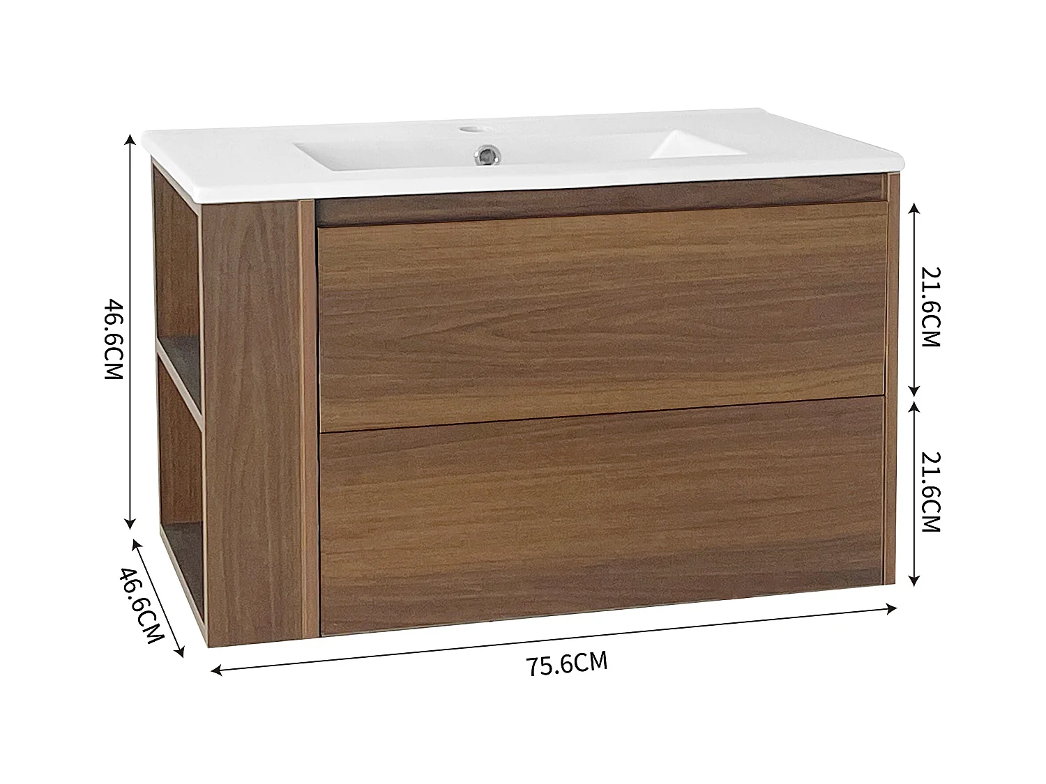 Meuble lave-main suspendu avec une porte et 1 tiroir - lavabo encastré - 76 x 47 x 47 cm - bois MDF - marron