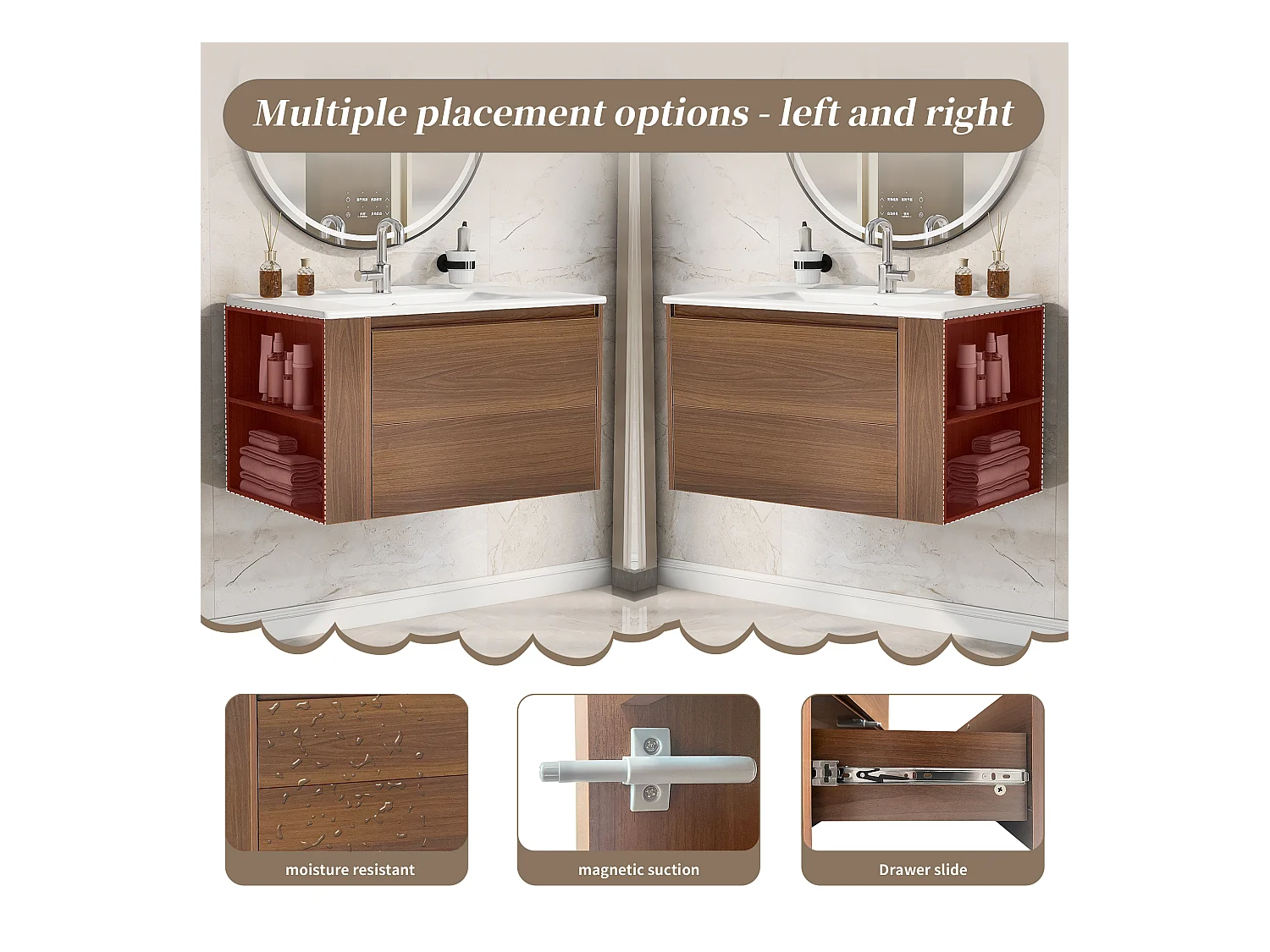 Meuble lave-main suspendu avec une porte et 1 tiroir - lavabo encastré - 76 x 47 x 47 cm - bois MDF - marron