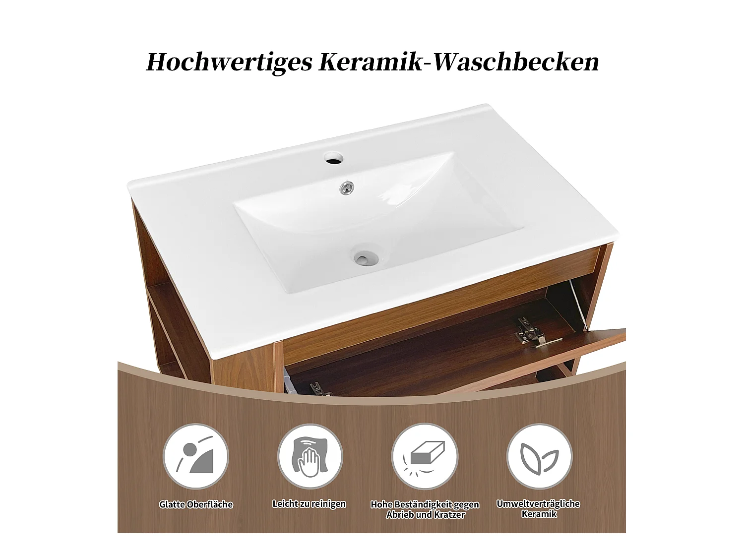 Meuble lave-main suspendu avec une porte et 1 tiroir - lavabo encastré - 76 x 47 x 47 cm - bois MDF - marron