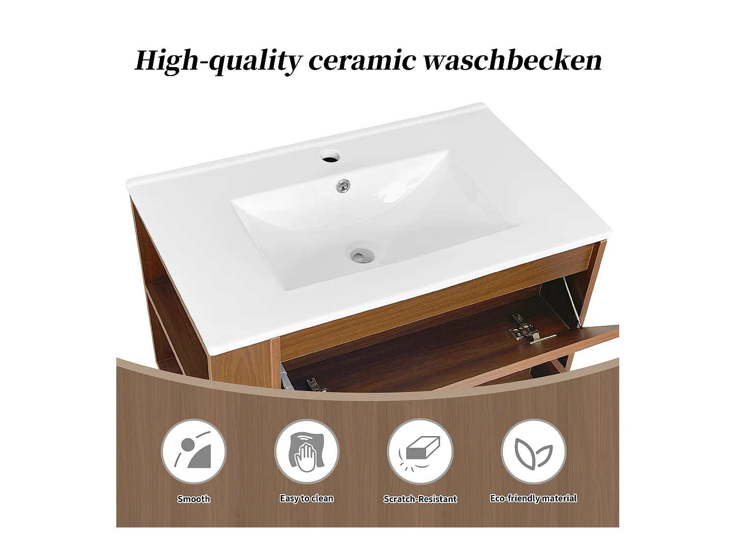 Meuble lave-main suspendu avec une porte et 1 tiroir - lavabo encastré - 76 x 47 x 47 cm - bois MDF - marron