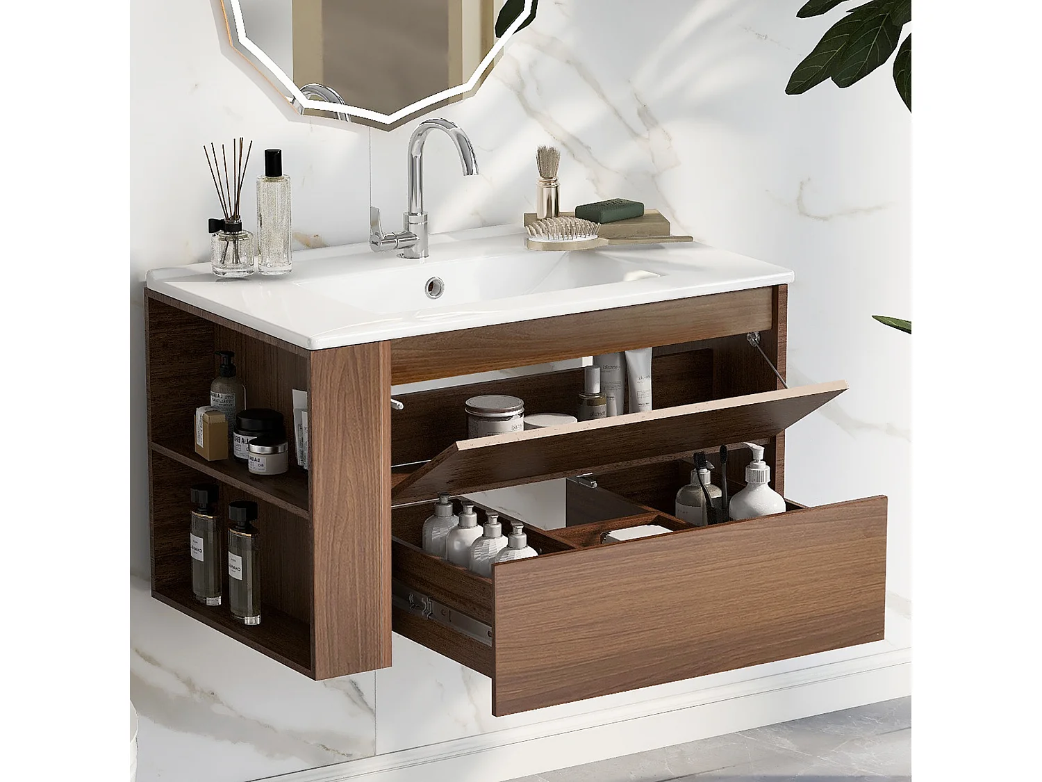 Wandwastafelmeubel met één deur en één lade - inbouwwastafel - 76 x 47 x 47 cm - MDF-hout - bruin