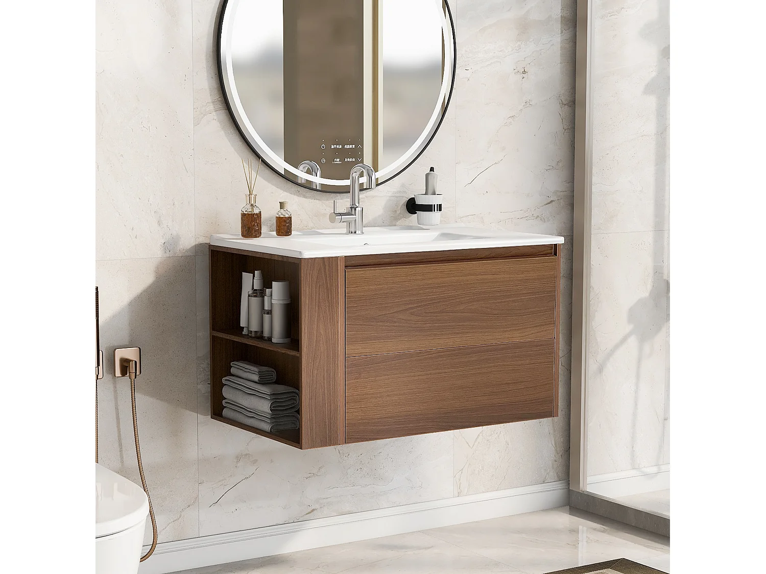 Wandwastafelmeubel met één deur en één lade - inbouwwastafel - 76 x 47 x 47 cm - MDF-hout - bruin