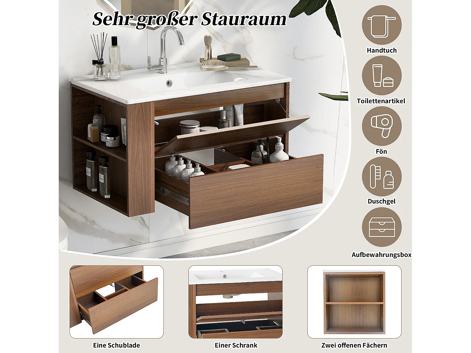 Wandwastafelmeubel met één deur en één lade - inbouwwastafel - 76 x 47 x 47 cm - MDF-hout - bruin