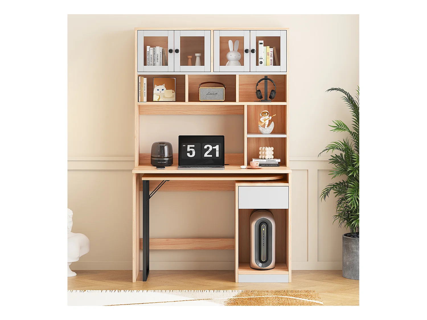 Uitschuifbaar computerbureau met boekenkast - 110 x 55 x 180,7 cm - MDF-hout - naturel + wit