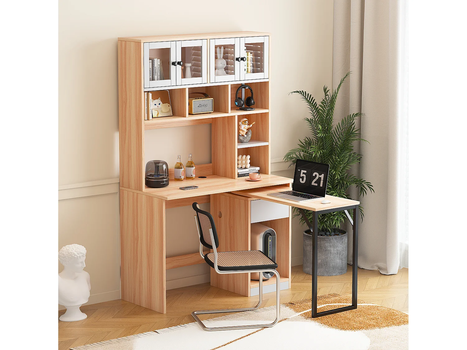 Uitschuifbaar computerbureau met boekenkast - 110 x 55 x 180,7 cm - MDF-hout - naturel + wit